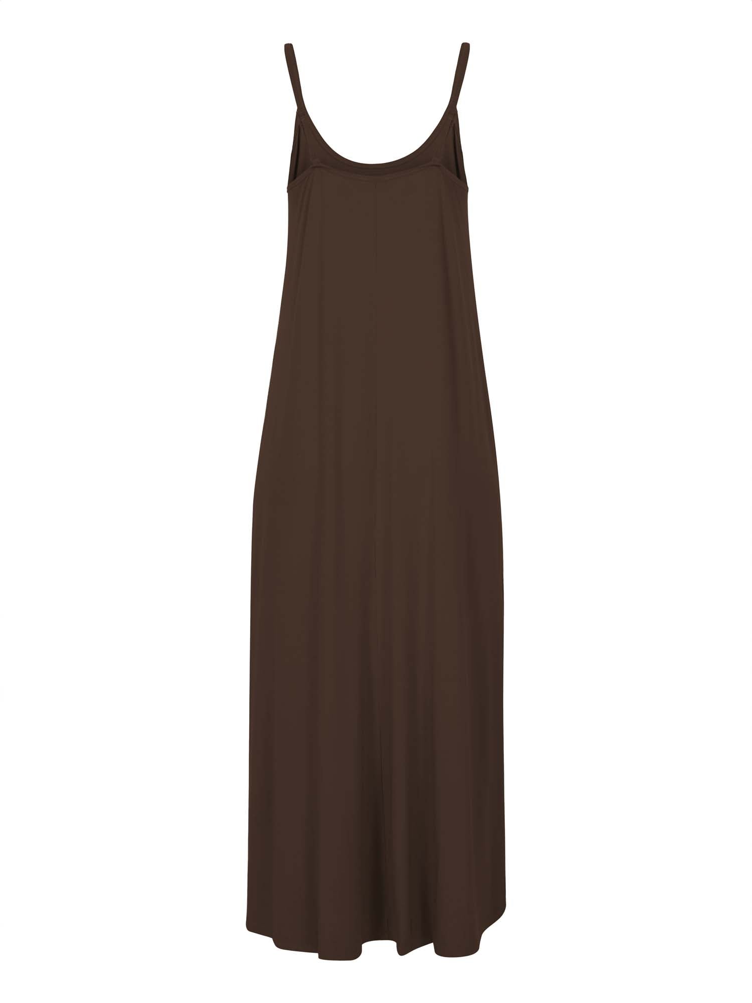 Model wearing a cocoa brown swing maxi dress with a scoop neck and elasticated camisole straps, women's bamboo clothing