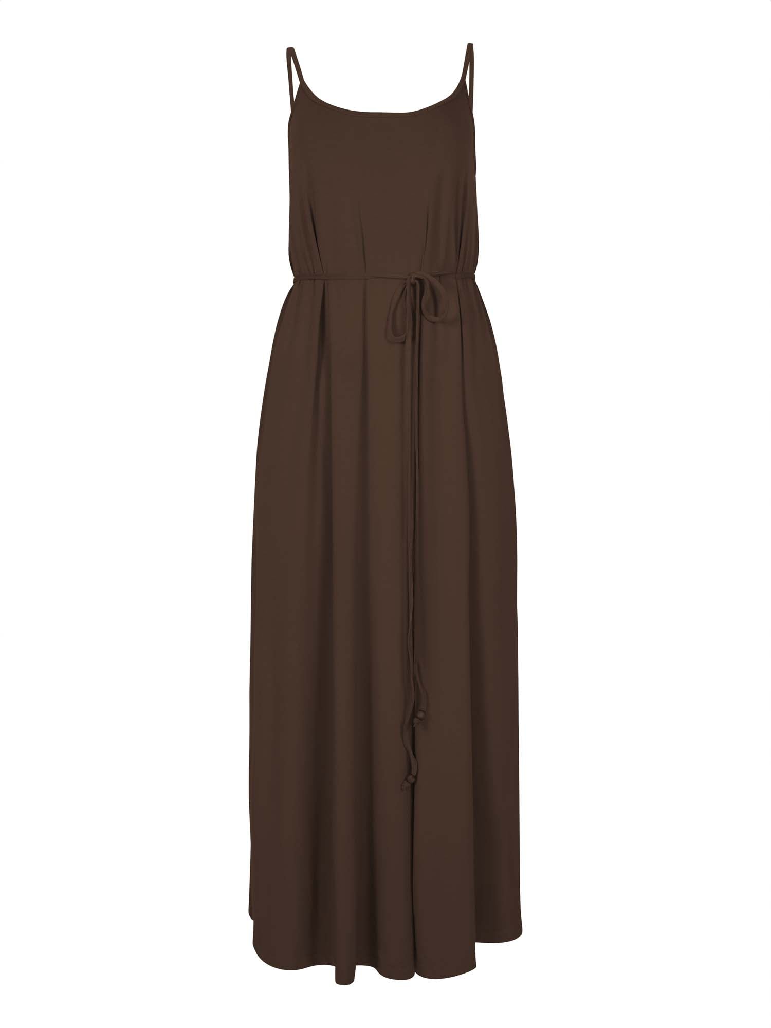 Model wearing a cocoa brown swing maxi dress with a scoop neck and elasticated camisole straps, women's bamboo clothing