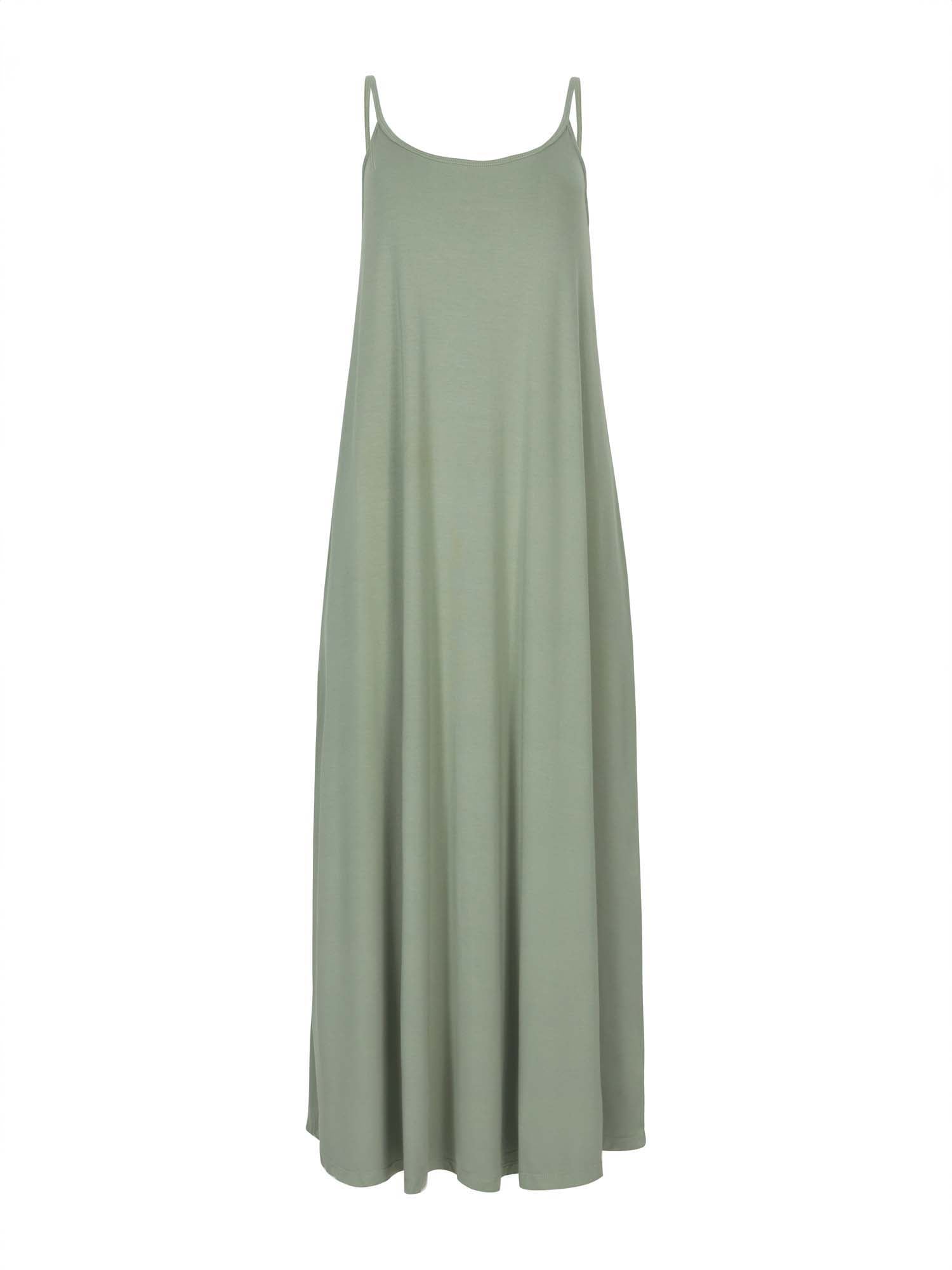 Model wearing a eucalyptus green swing maxi dress with a scoop neck and elasticated camisole straps, women's bamboo clothing