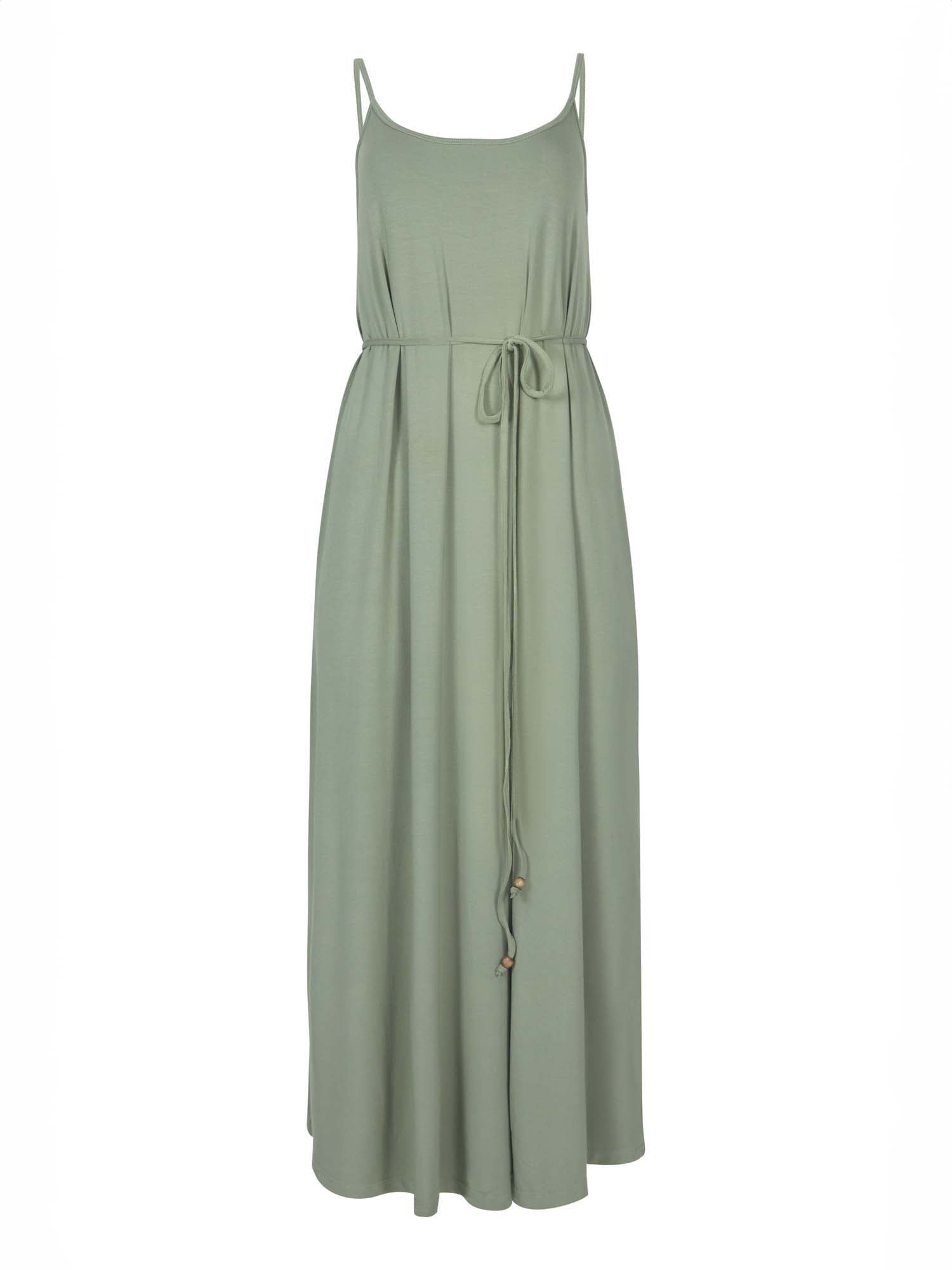 Model wearing a eucalyptus green swing maxi dress with a scoop neck and elasticated camisole straps, women's bamboo clothing