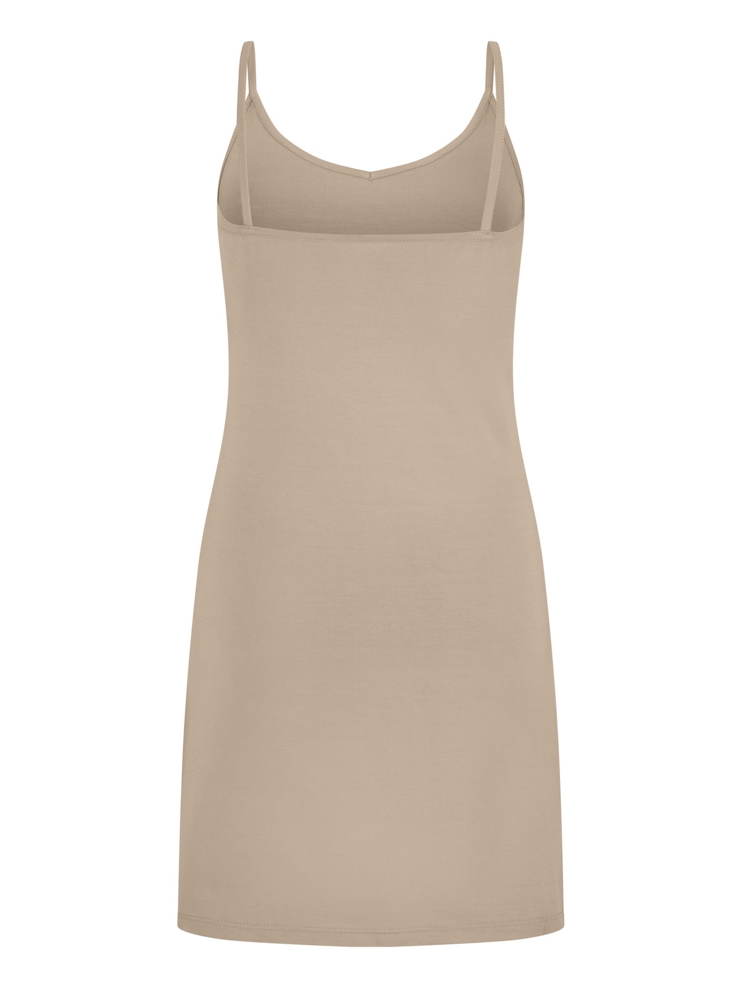 caramel layering slip dress with camisole straps, v neckline and fitted body, women's bamboo clothing