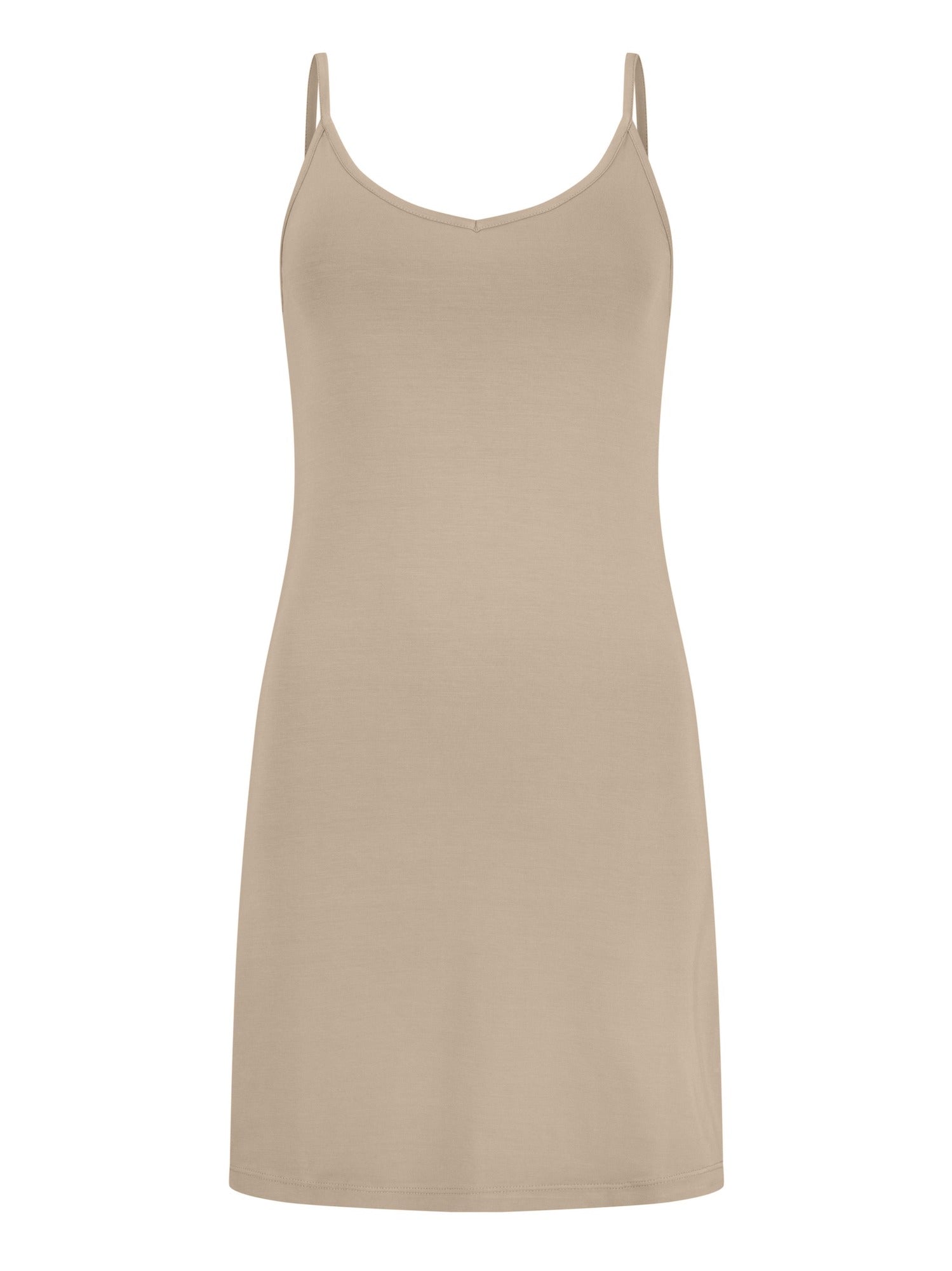 caramel layering slip dress with camisole straps, v neckline and fitted body, women's bamboo clothing