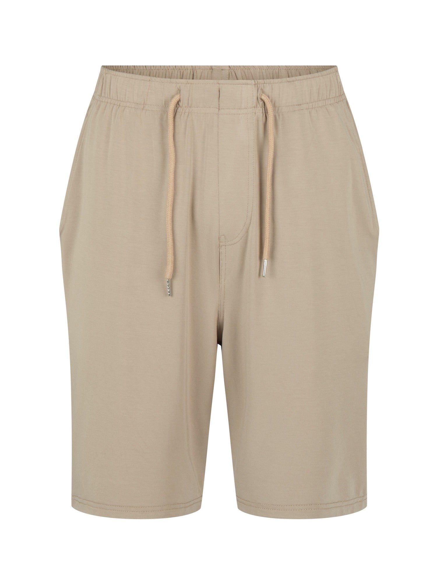 Beige men's bamboo shorts with drawstring on a white background