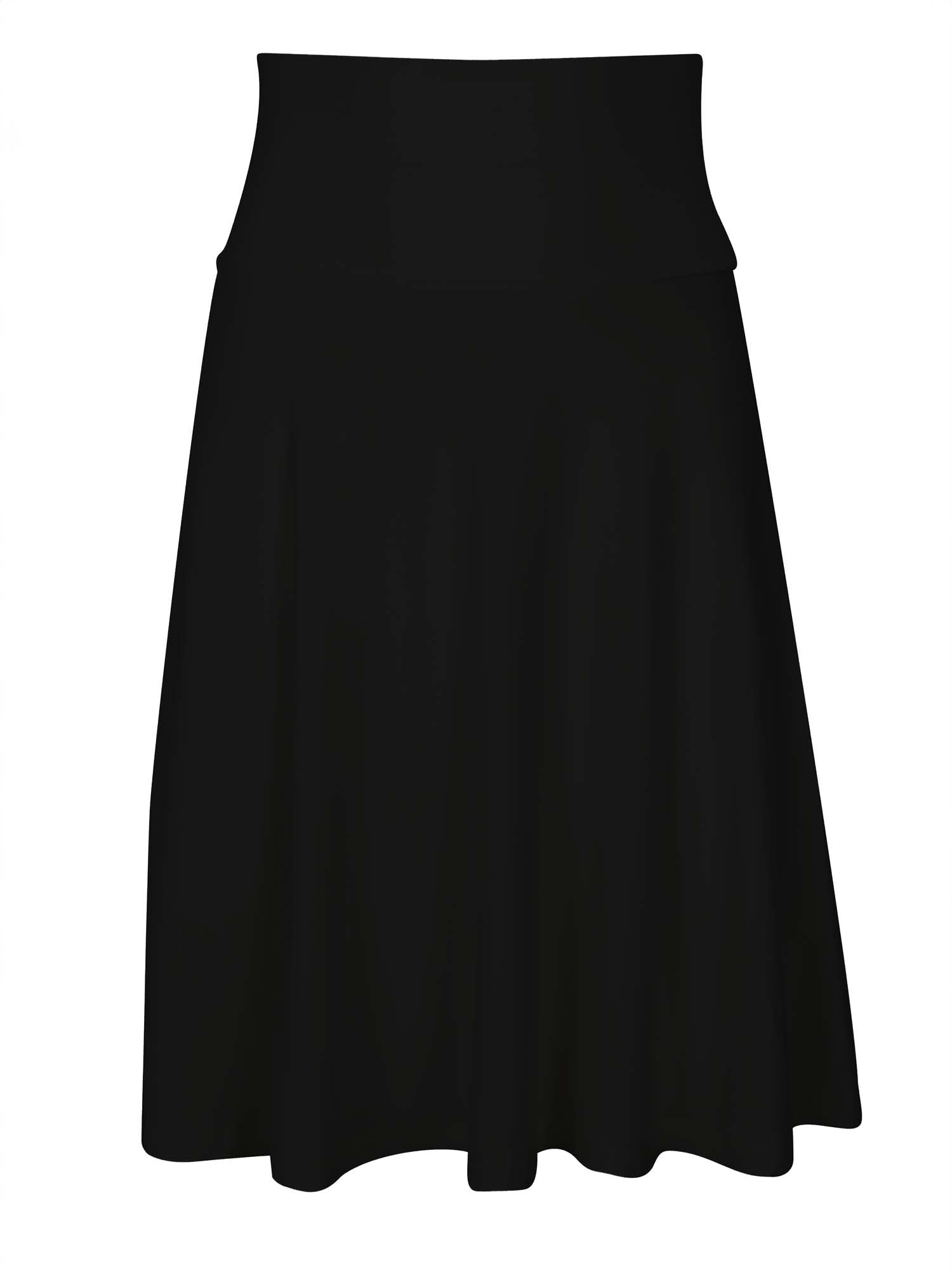 Model wearing black knee length swing style swishy mini skirt with adjustable high waistband, women's bamboo clothing