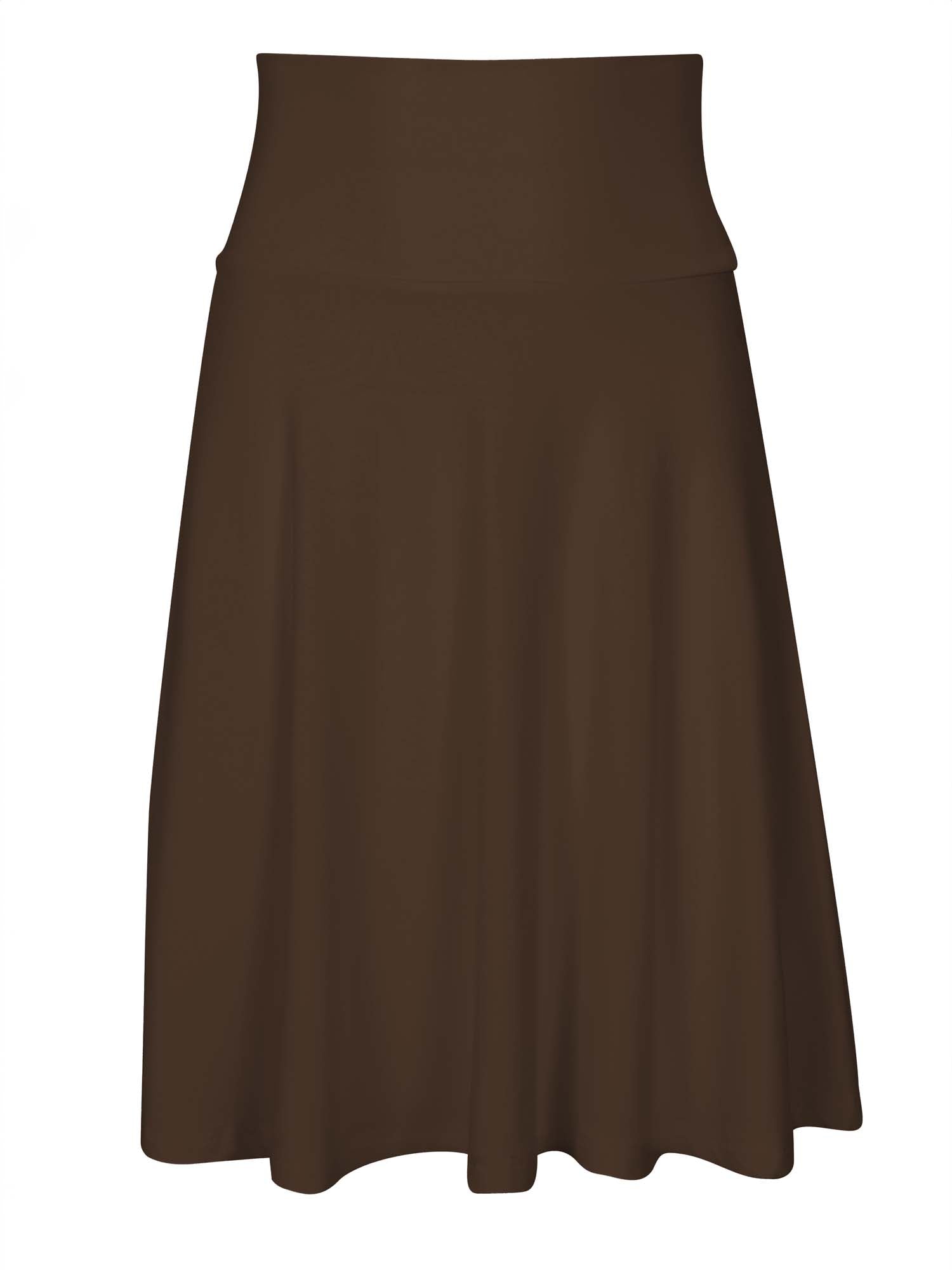Model wearing cocoa brown knee length swing style swishy mini skirt with adjustable high waistband, women's bamboo clothing
