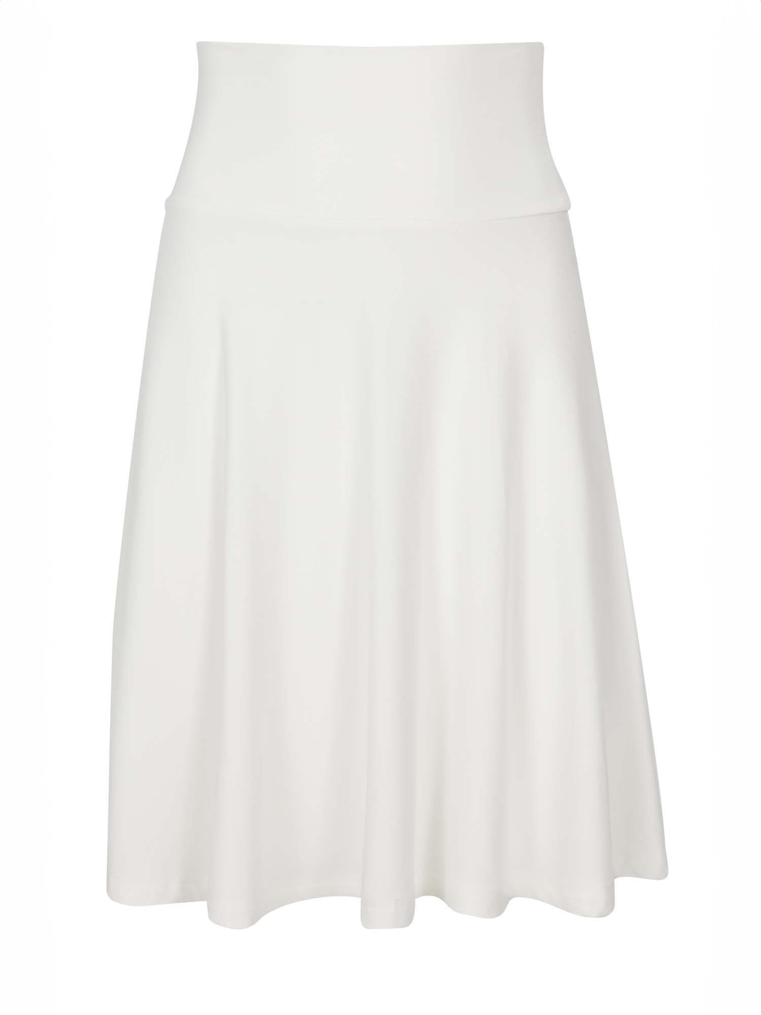 Model wearing cream knee length swing style swishy mini skirt with adjustable high waistband, women's bamboo clothing