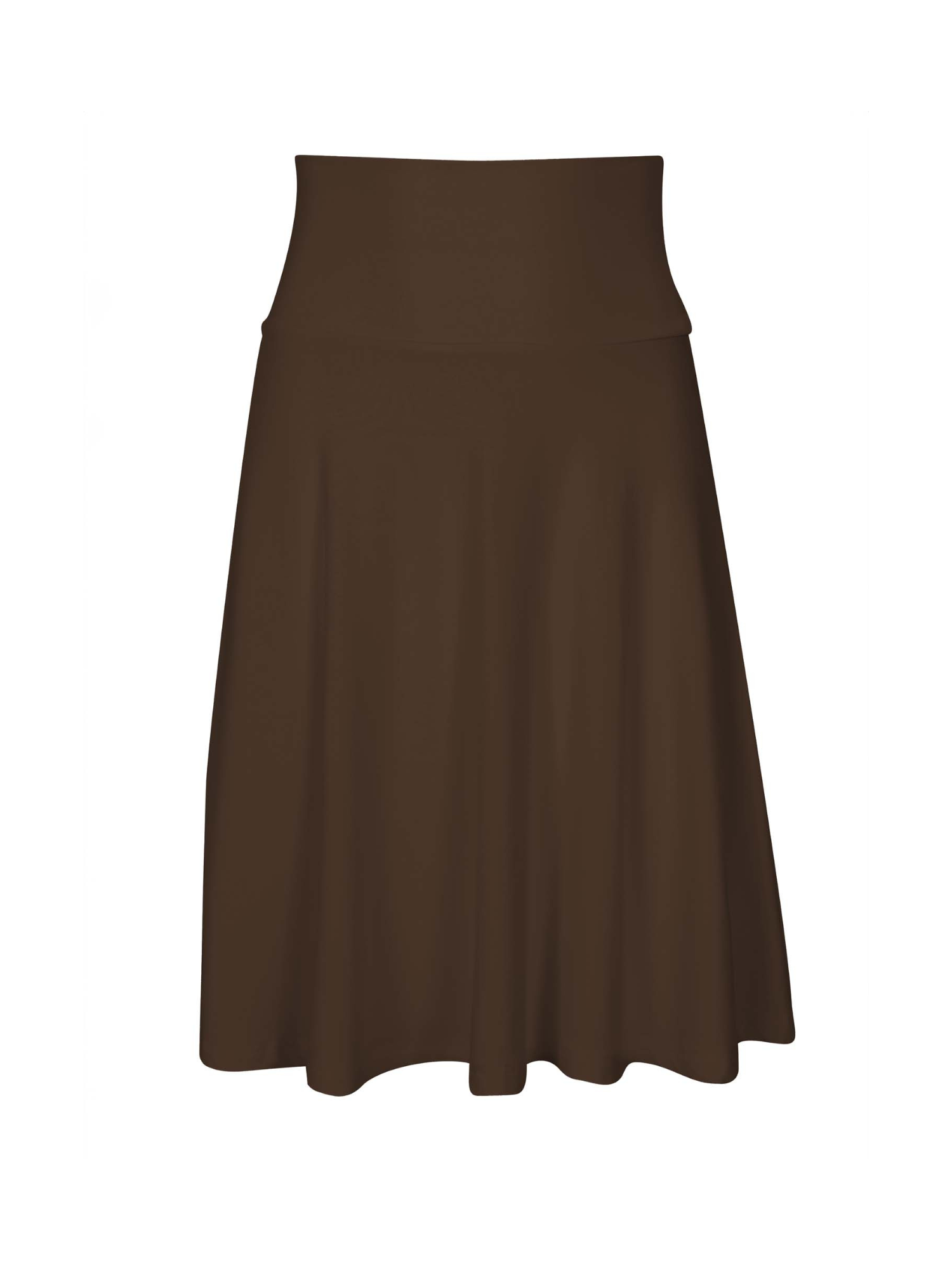 cocoa brown knee length swing style swishy mini skirt with adjustable high waistband, women's bamboo clothing