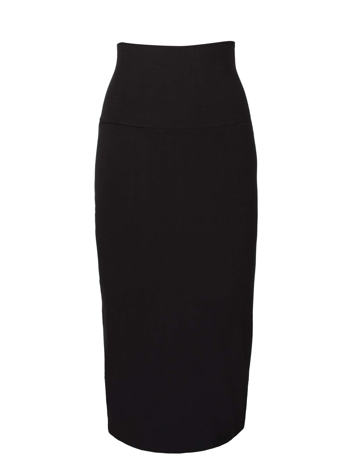 Model wearing black midi pencil tube skirt, mid calf length with a deep waistband, women's bamboo clothing