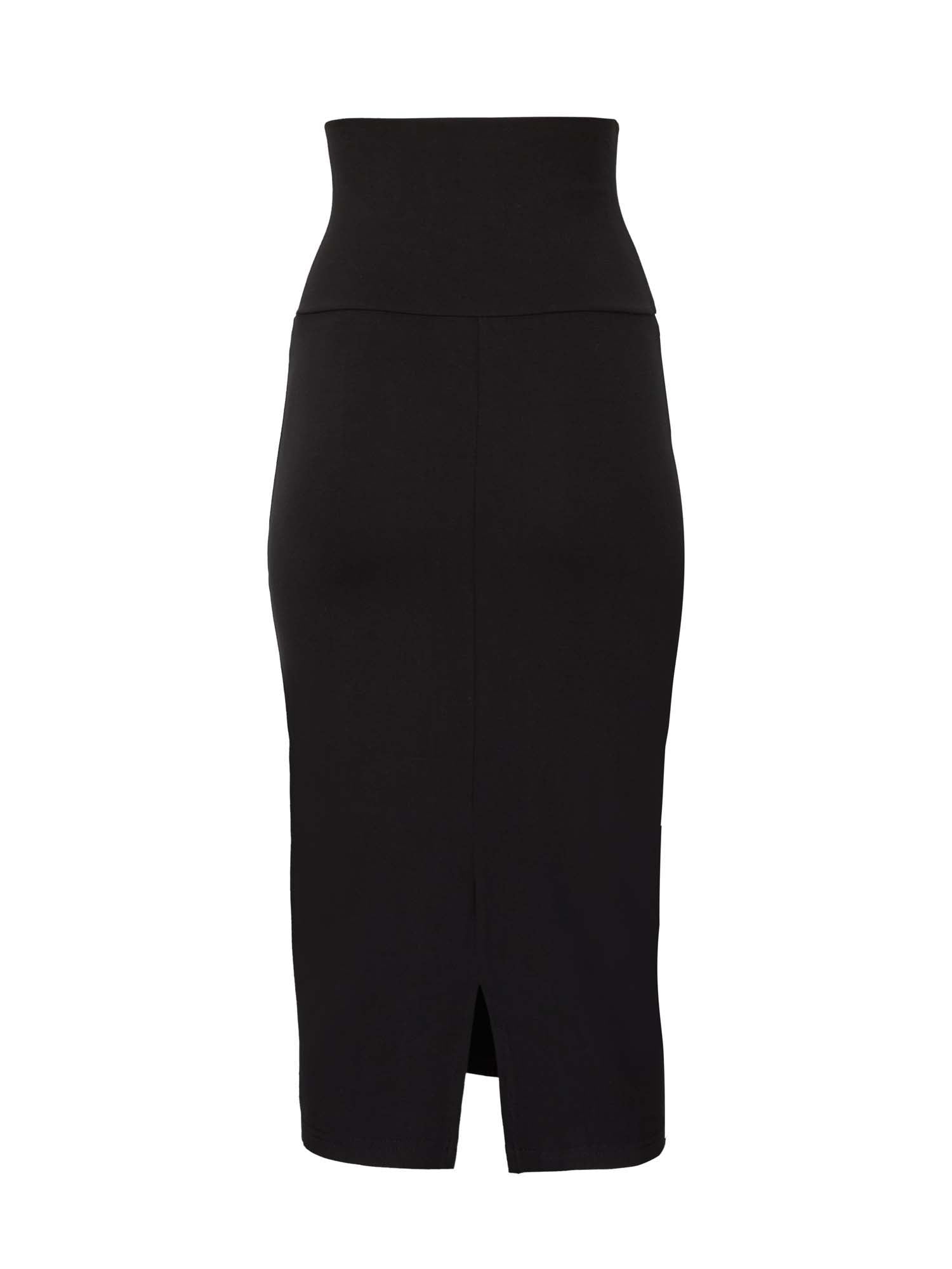 Model wearing black midi pencil tube skirt, mid calf length with a deep waistband, women's bamboo clothing