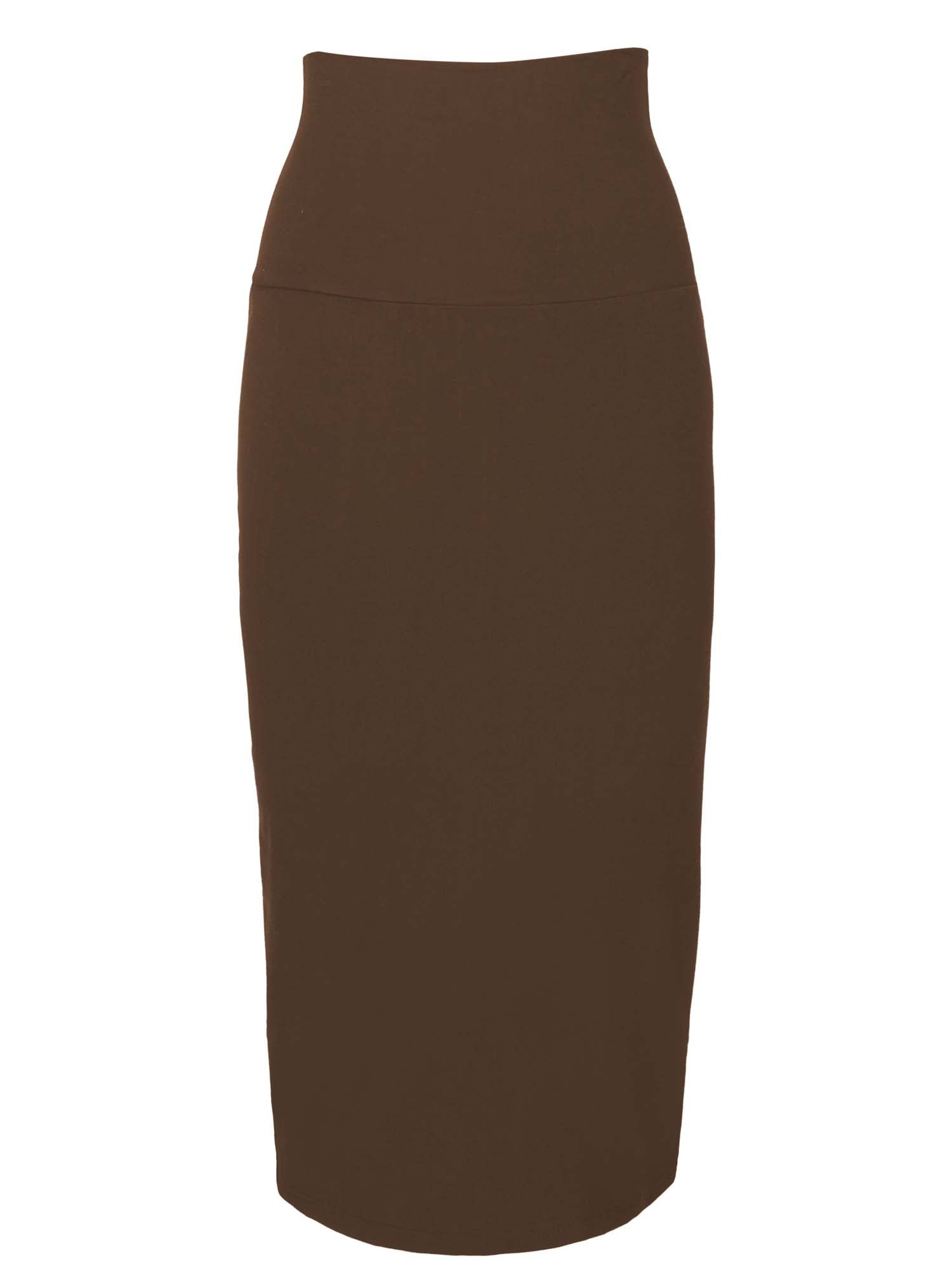 Model wearing cocoa brown midi pencil tube skirt, mid calf length with a deep waistband, women's bamboo clothing