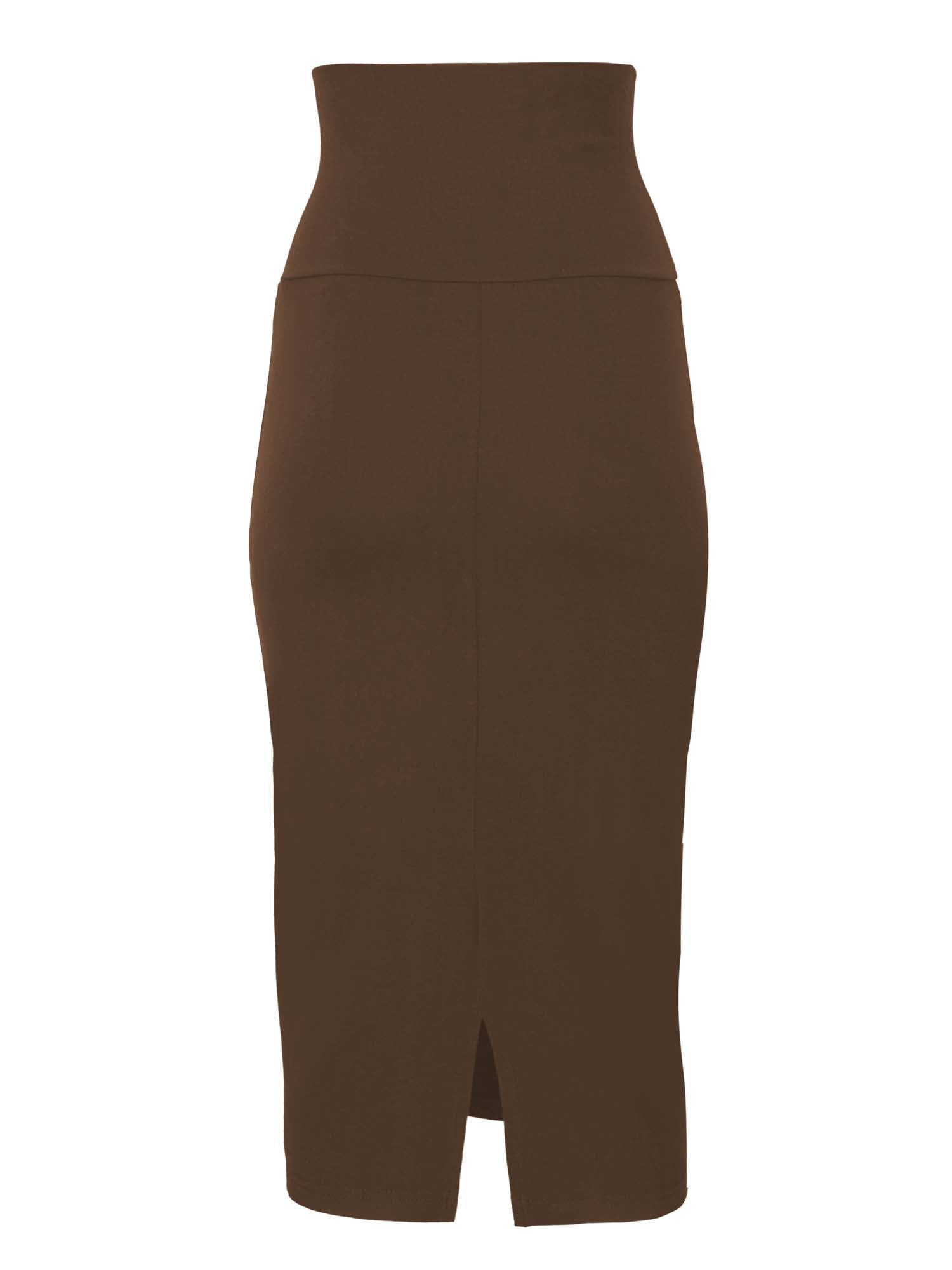 Model wearing cocoa brown midi pencil tube skirt, mid calf length with a deep waistband, women's bamboo clothing