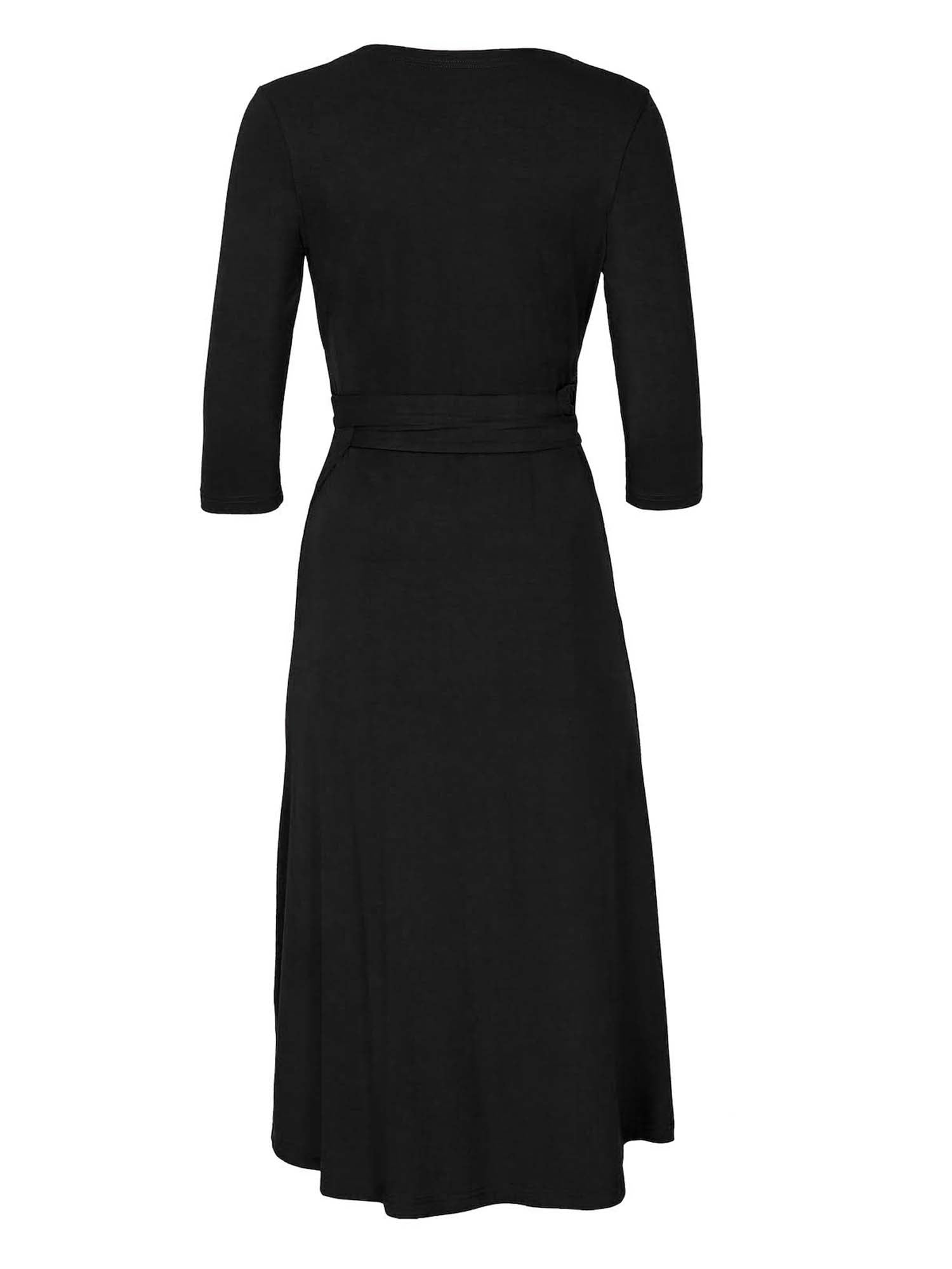 black midi wrap dress with a cross over plunge neckline, mid length sleeve, mid thigh/knee length, women's bamboo clothing