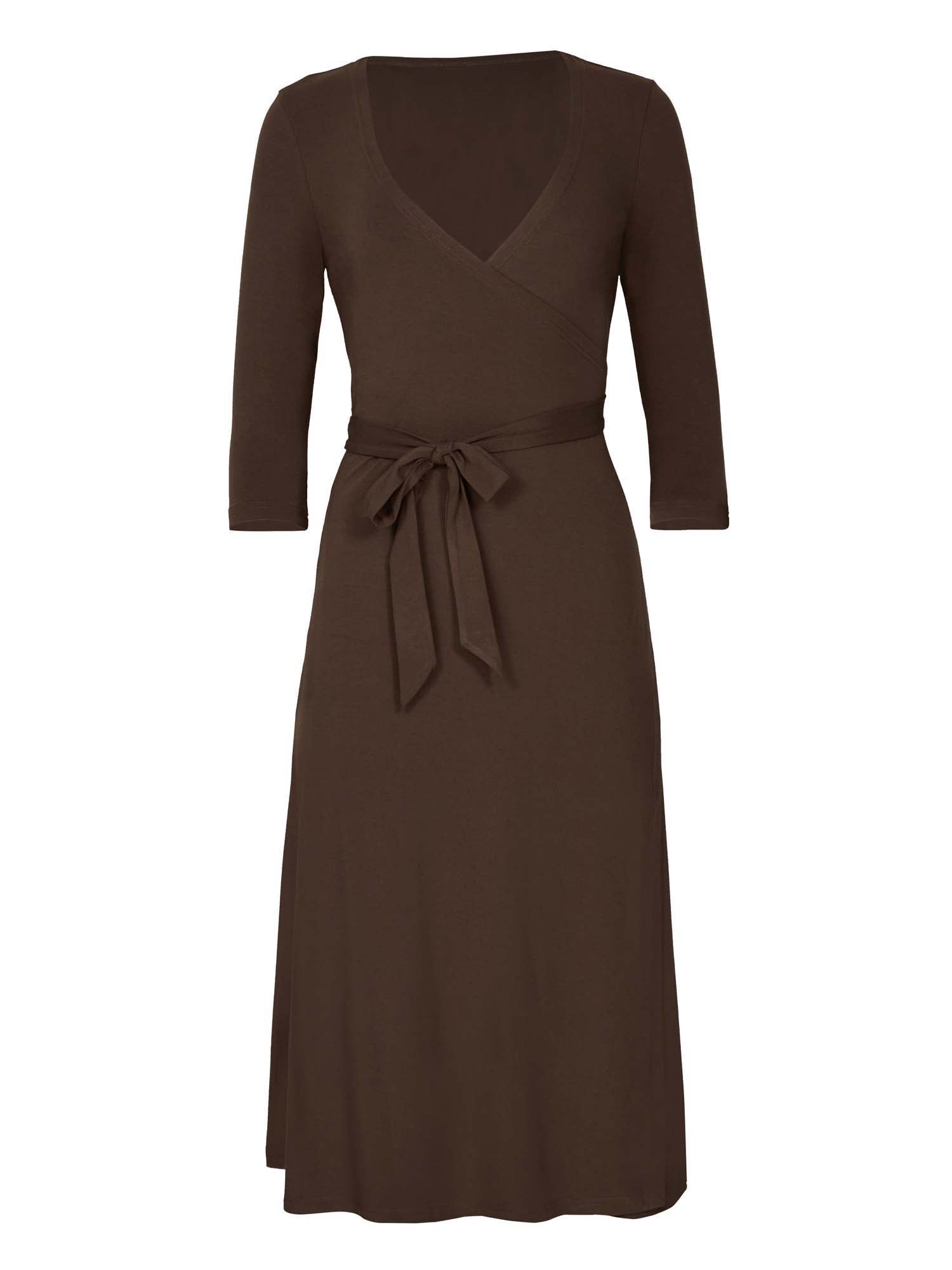 cocoa brown midi wrap dress with a cross over plunge neckline, mid length sleeve, mid thigh/knee length, women's bamboo clothing
