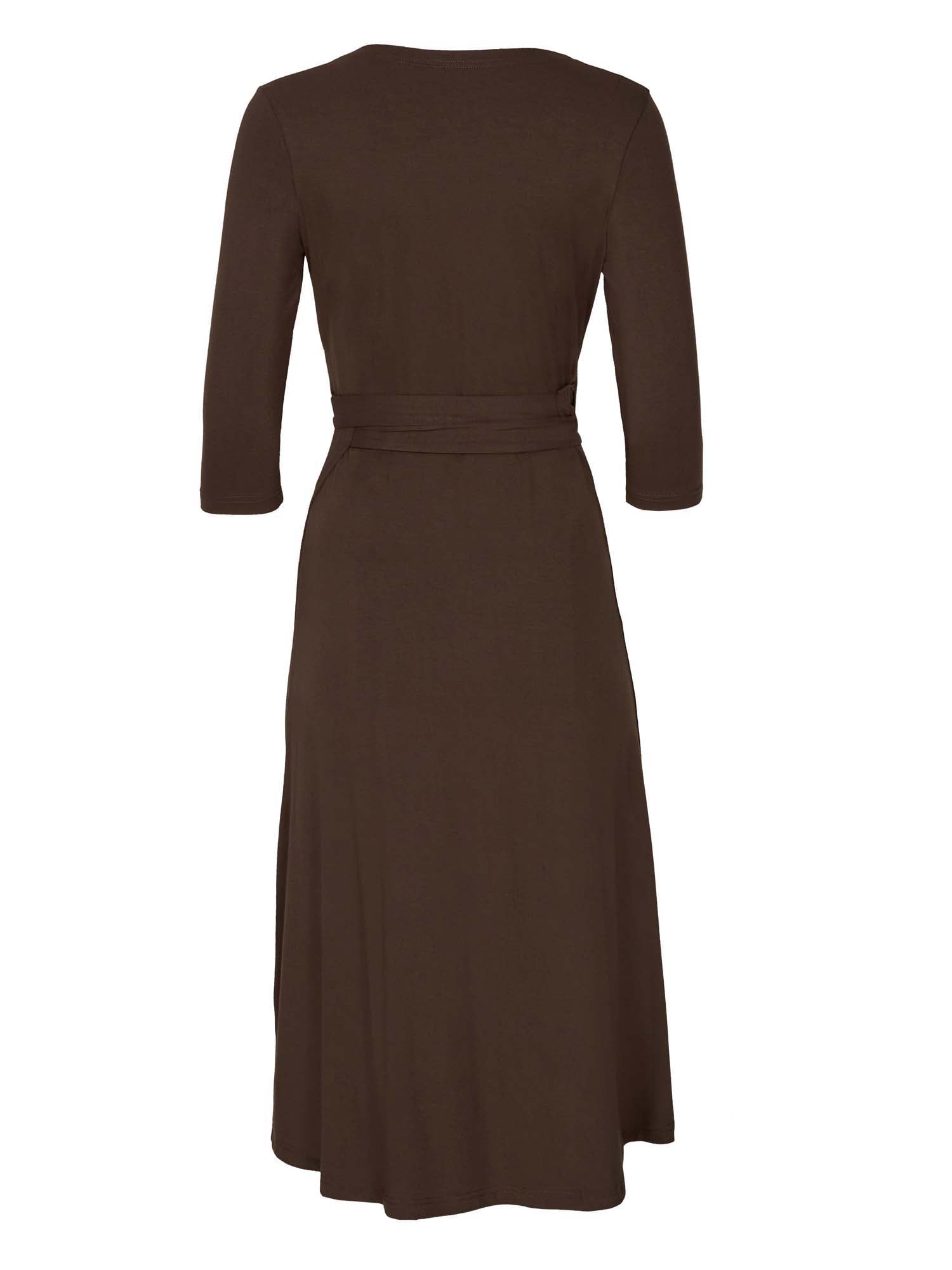 cocoa brown midi wrap dress with a cross over plunge neckline, mid length sleeve, mid thigh/knee length, women's bamboo clothing