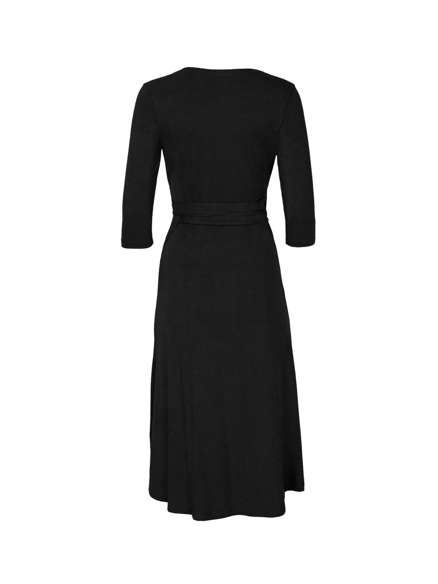 Black midi wrap dress with a cross over plunge neckline, mid length sleeve, mid thigh/knee length, women's bamboo clothing
