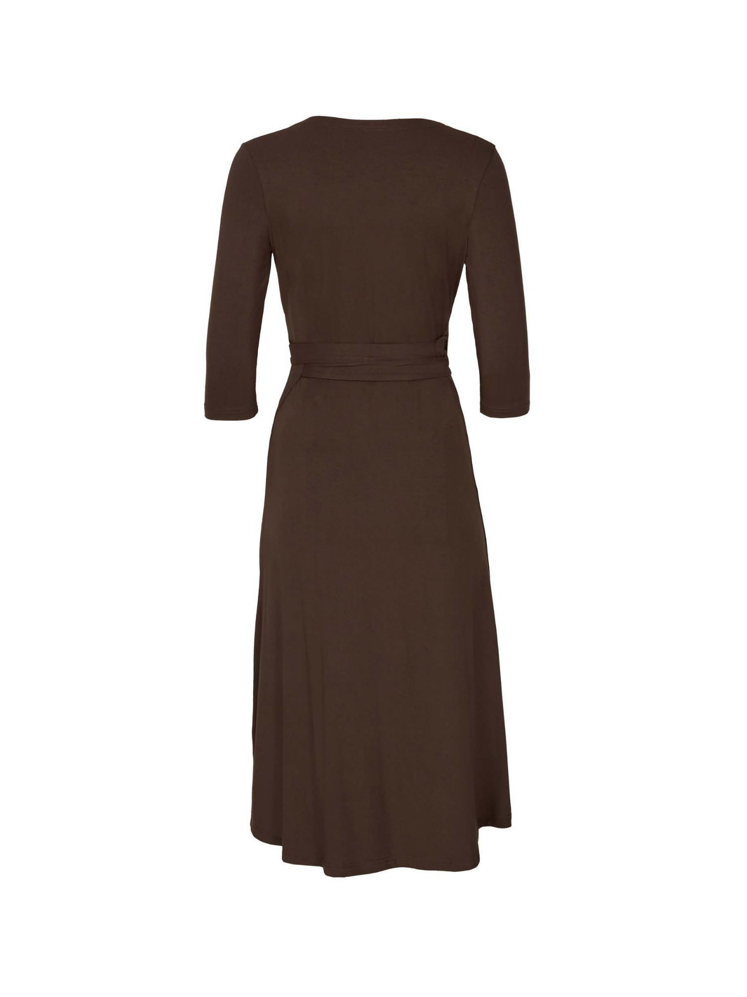 cocoa brown midi wrap dress with a cross over plunge neckline, mid length sleeve, mid thigh/knee length, women's bamboo clothing