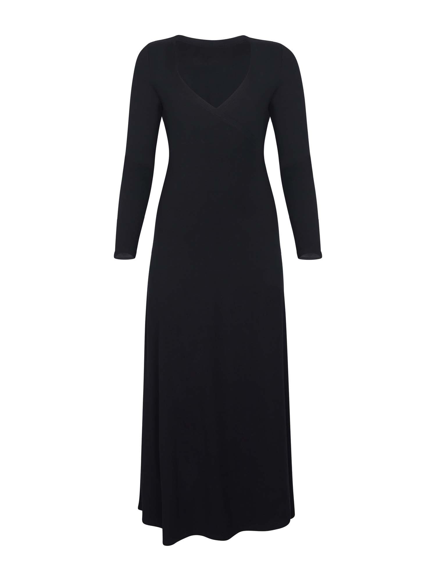 black maxi wrap dress with a cross over plunge neckline,long fitted sleeve, mid calf length, women's bamboo clothing