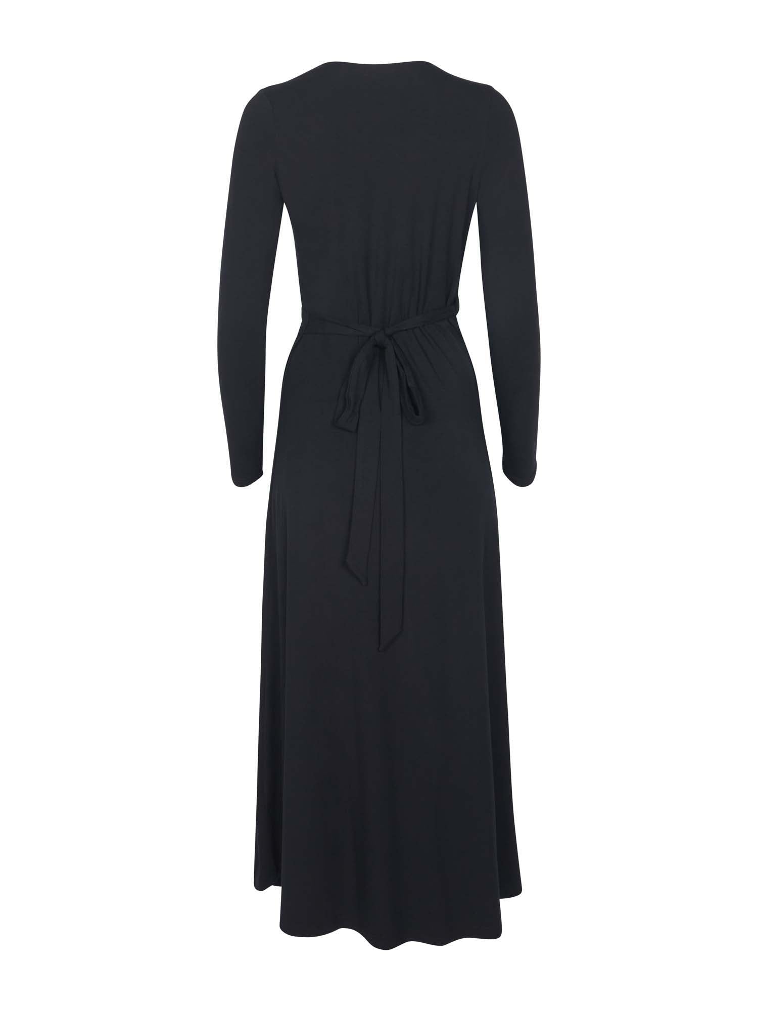 black maxi wrap dress with a cross over plunge neckline,long fitted sleeve, mid calf length, women's bamboo clothing