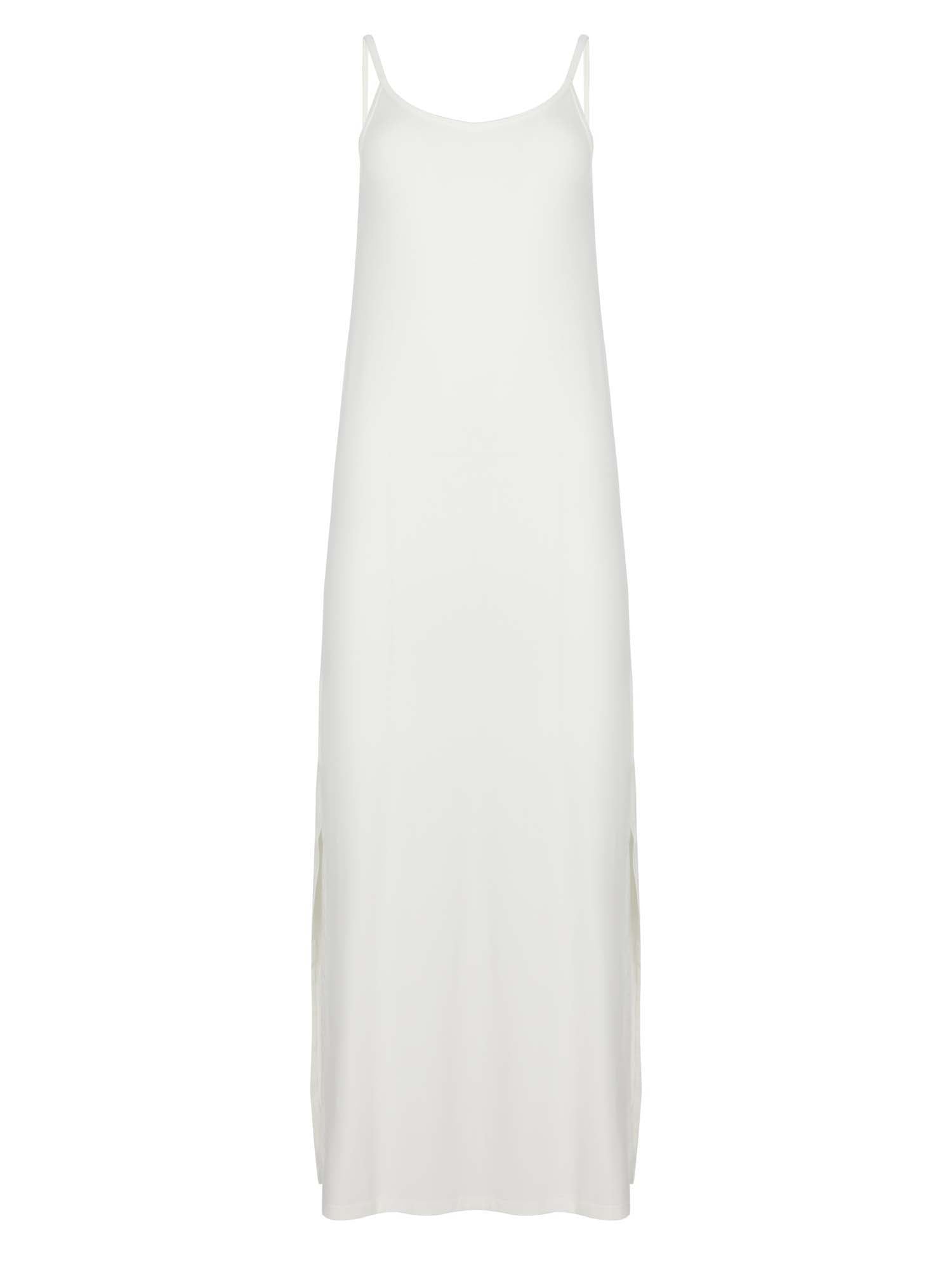 cream v neck maxi slip dress, elasticated camisole straps, fitted style with side splits, women's bamboo clothing