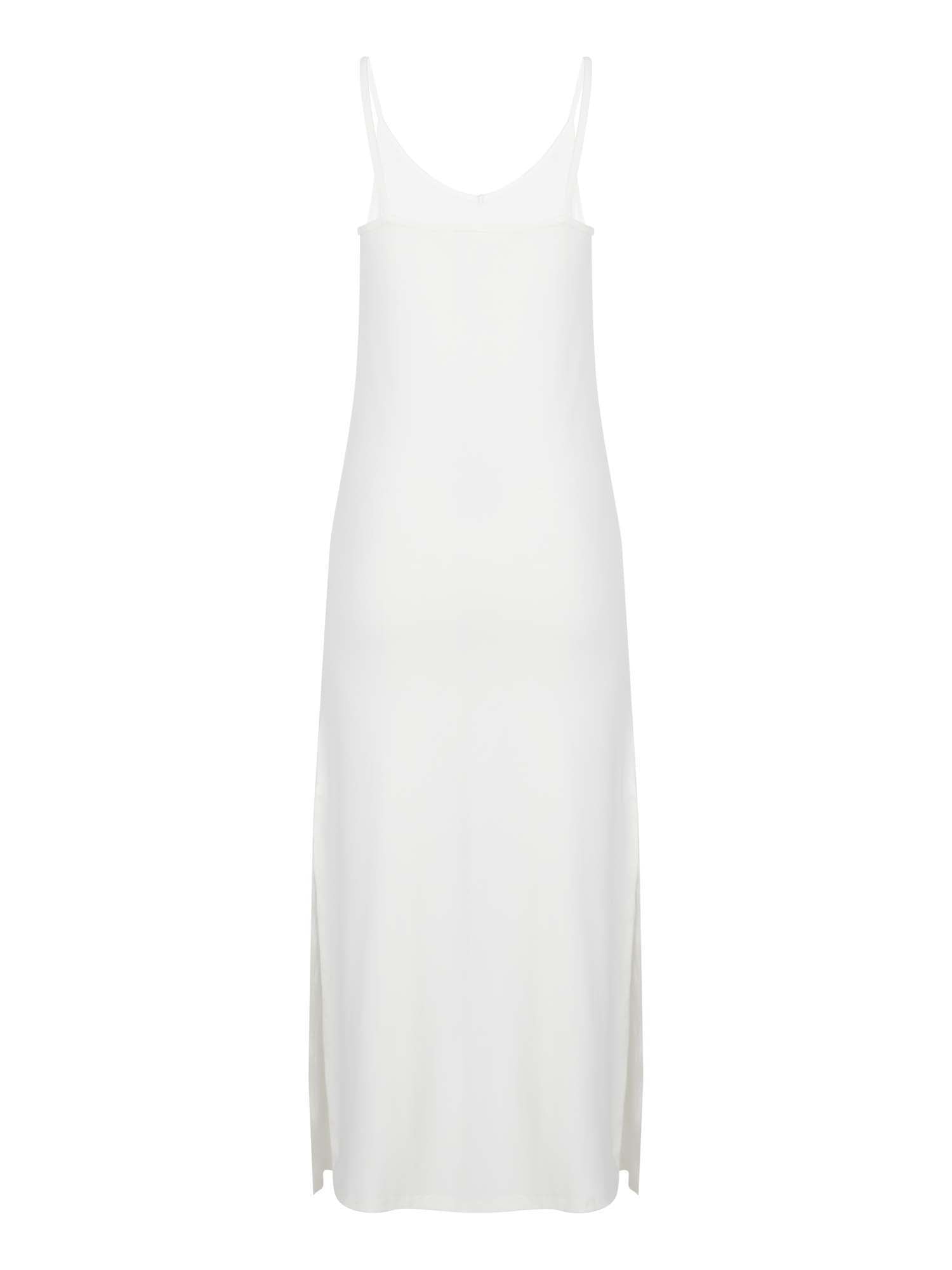 cream v neck maxi slip dress, elasticated camisole straps, fitted style with side splits, women's bamboo clothing