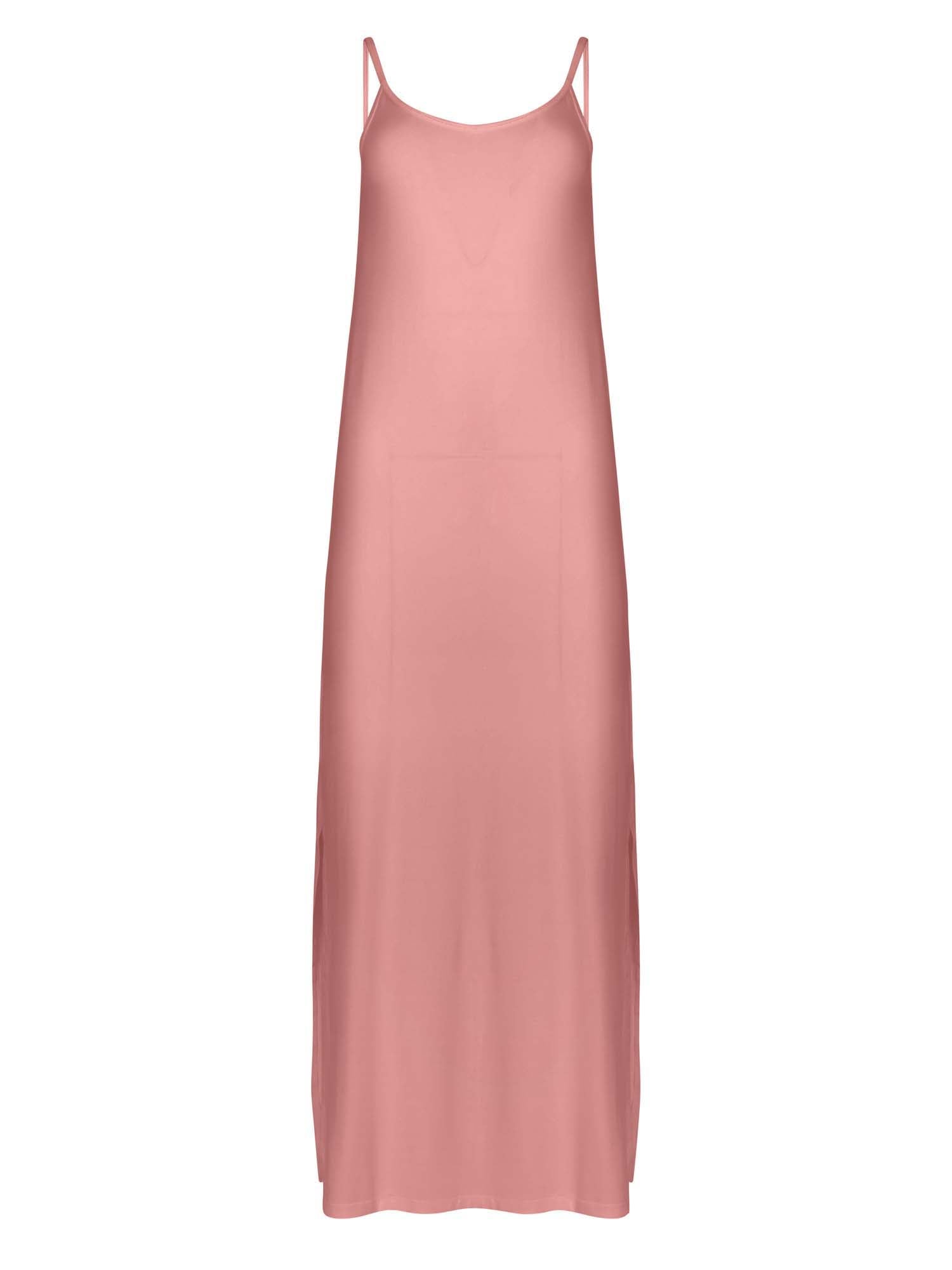 dusty pink v neck maxi slip dress, elasticated camisole straps, fitted style with side splits, women's bamboo clothing