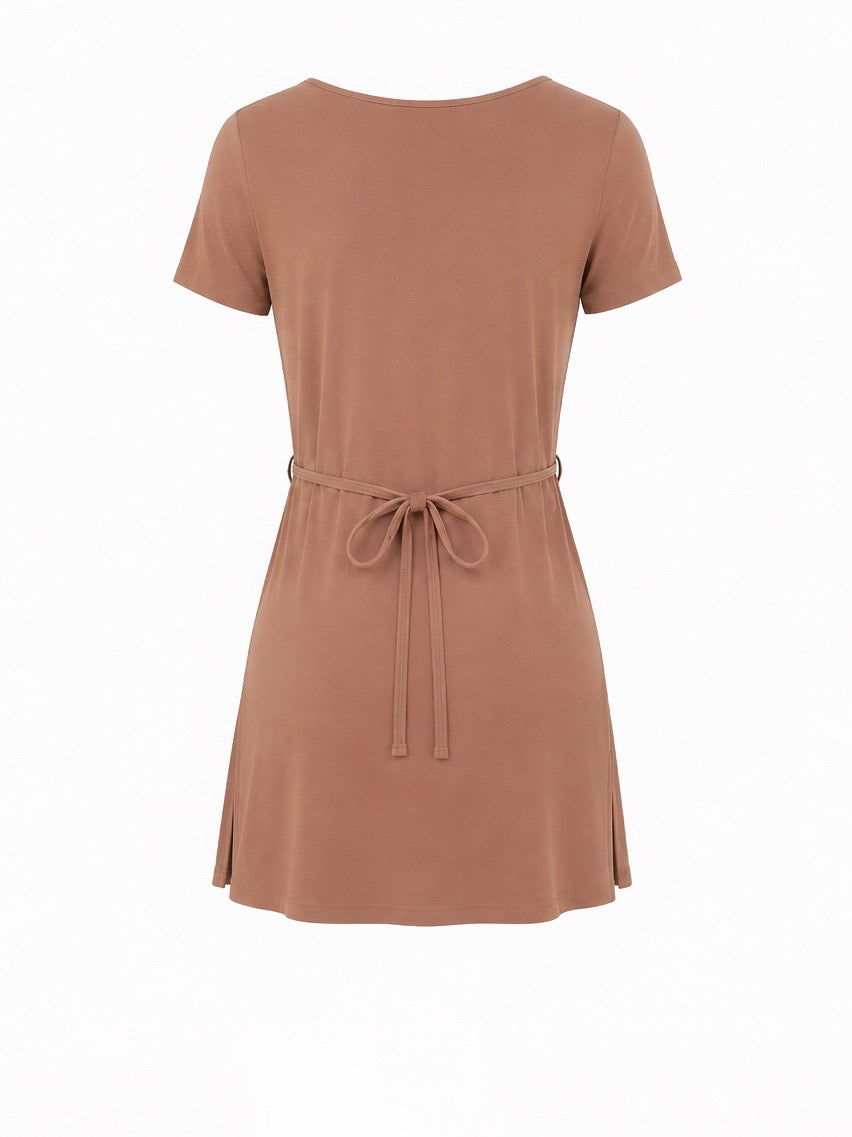 A short-sleeve tan toffee coloured dress with a tie-waist belt, shown on a plain white background.