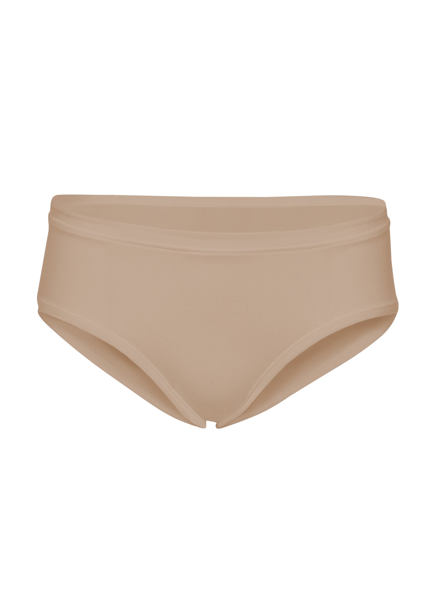 Model wearing a caramel brown full brief with mid waist and soft leg banding to lift and shape bottom, women's bamboo underwear