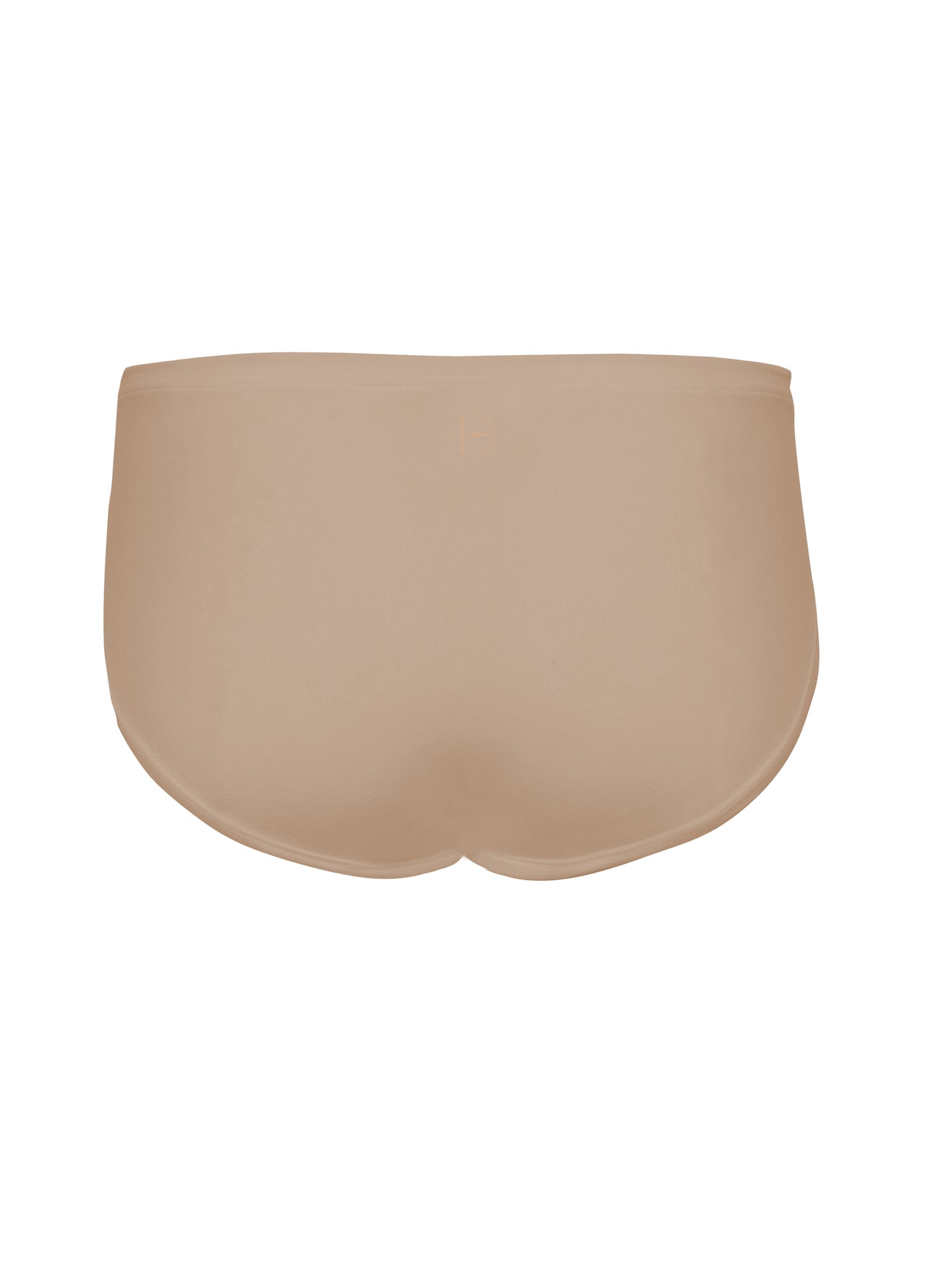 Model wearing a caramel brown full brief with mid waist and soft leg banding to lift and shape bottom, women's bamboo underwear