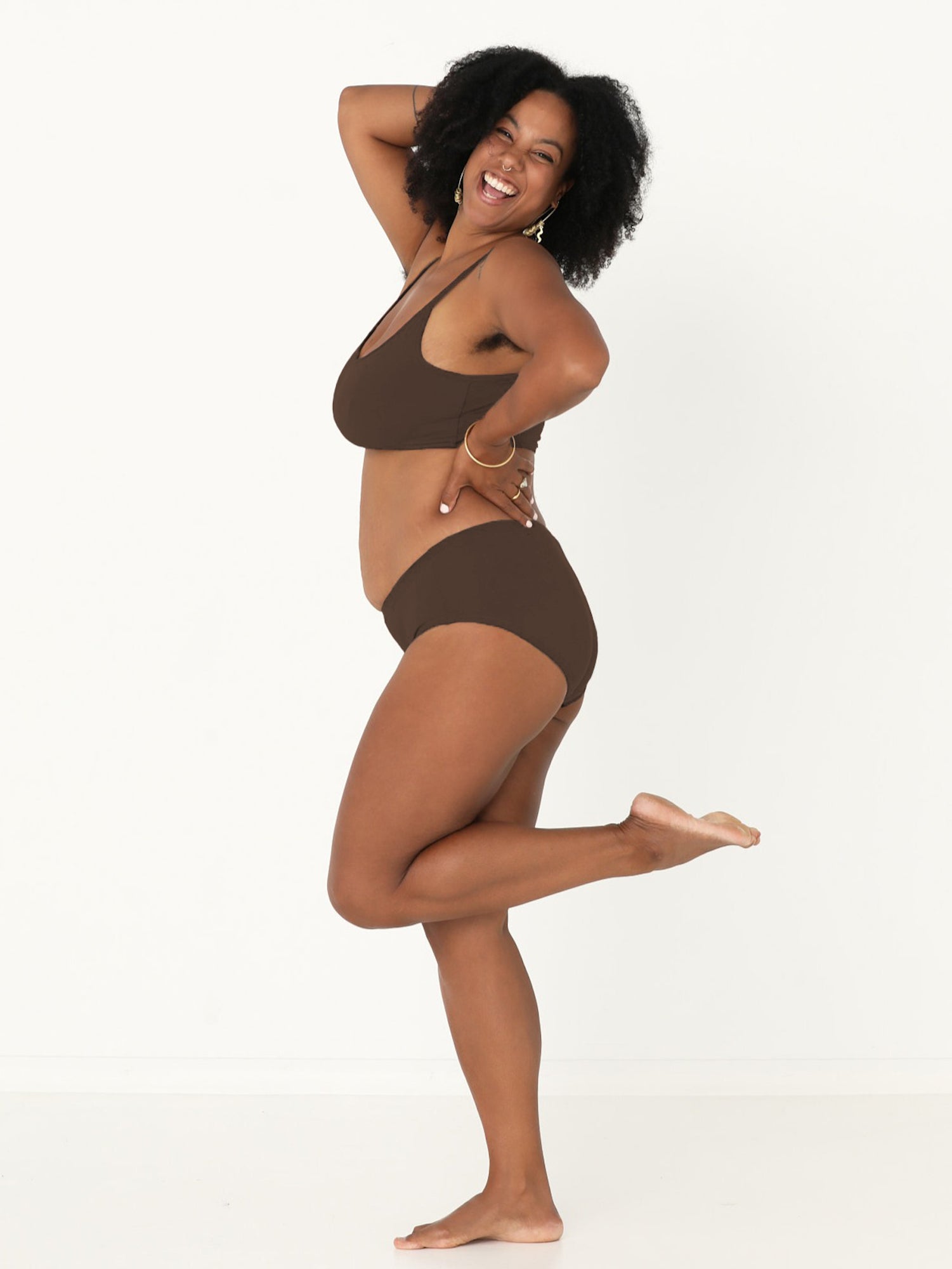 Model wears Bamboo Cocoa Yoga Bra with Cocoa Best Bum Knickers