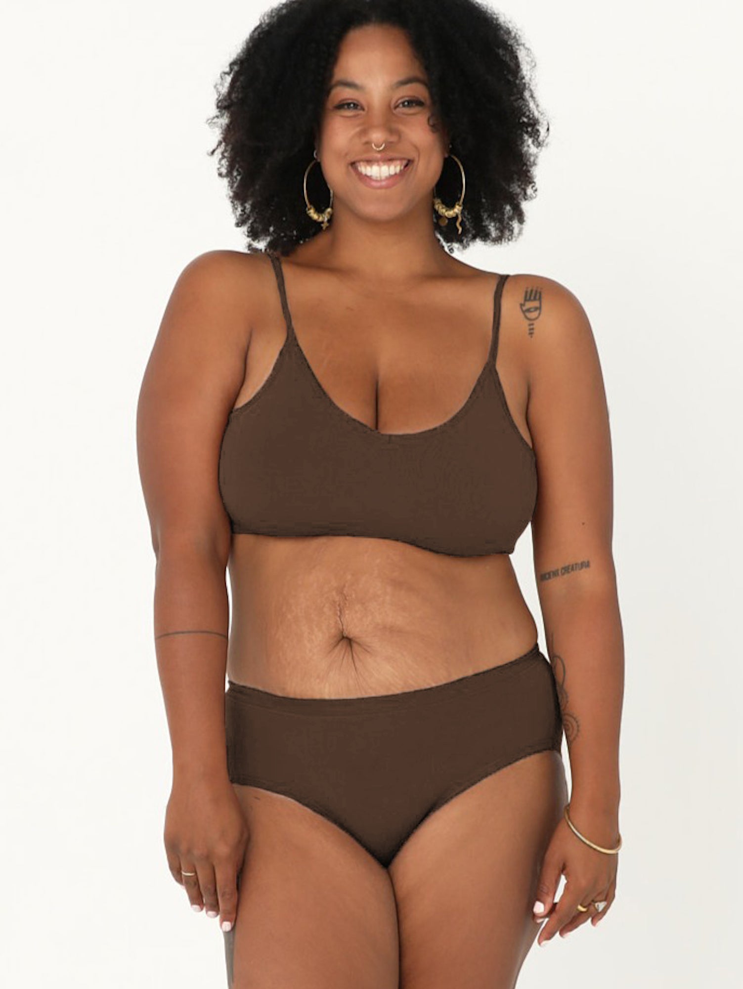 Model wears Bamboo Women's Cocoa Best Bum Knickers with Cocoa Yoga Bra Top