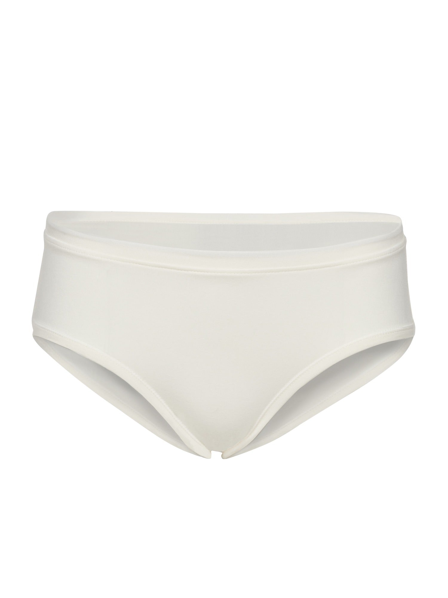 Model wearing a cream full brief with mid waist and soft leg banding to lift and shape bottom, women's bamboo underwear