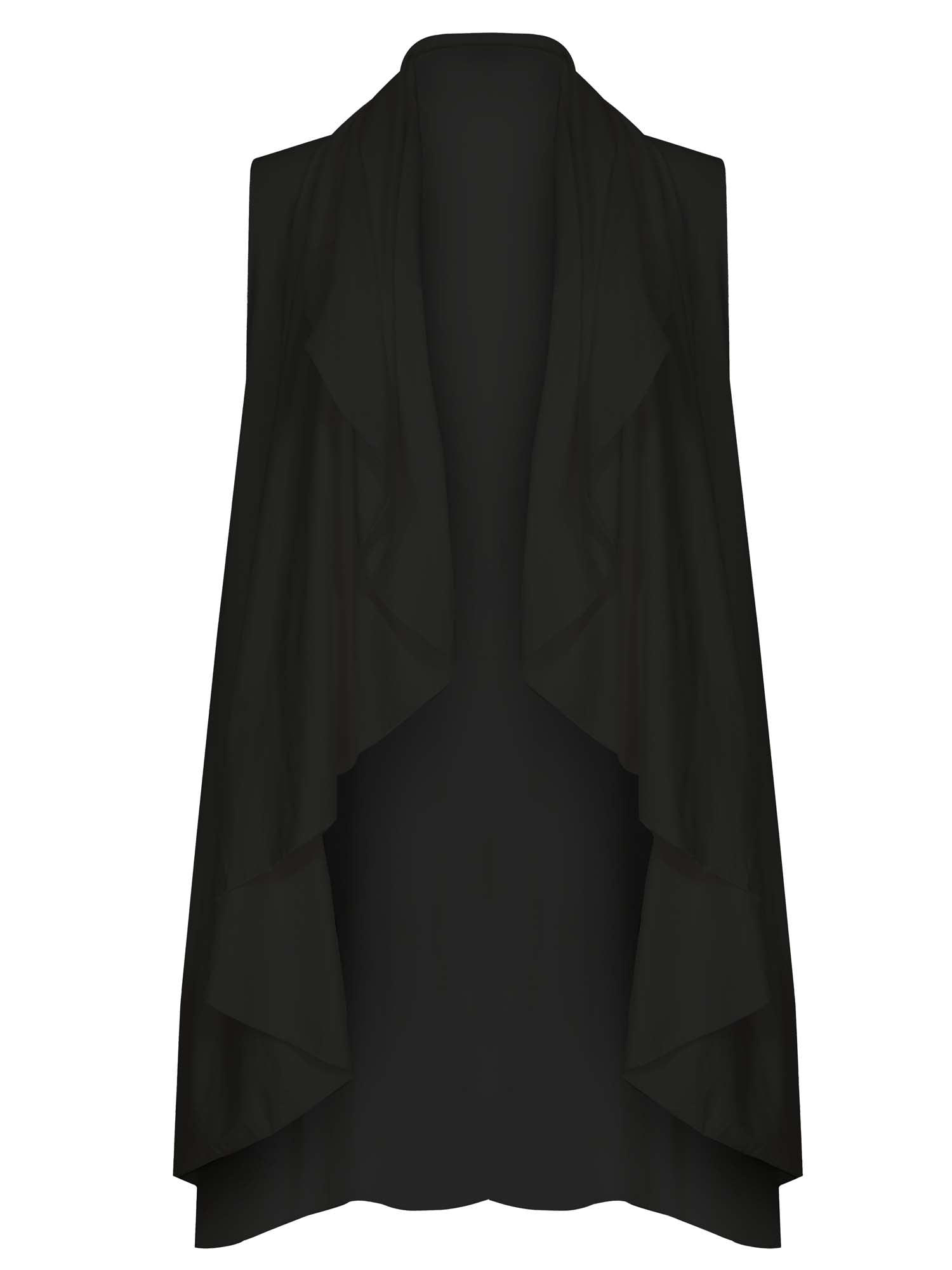 Model wearing a black convertible style goddess wrap; long cardi, vest or poncho, women's bamboo clothing