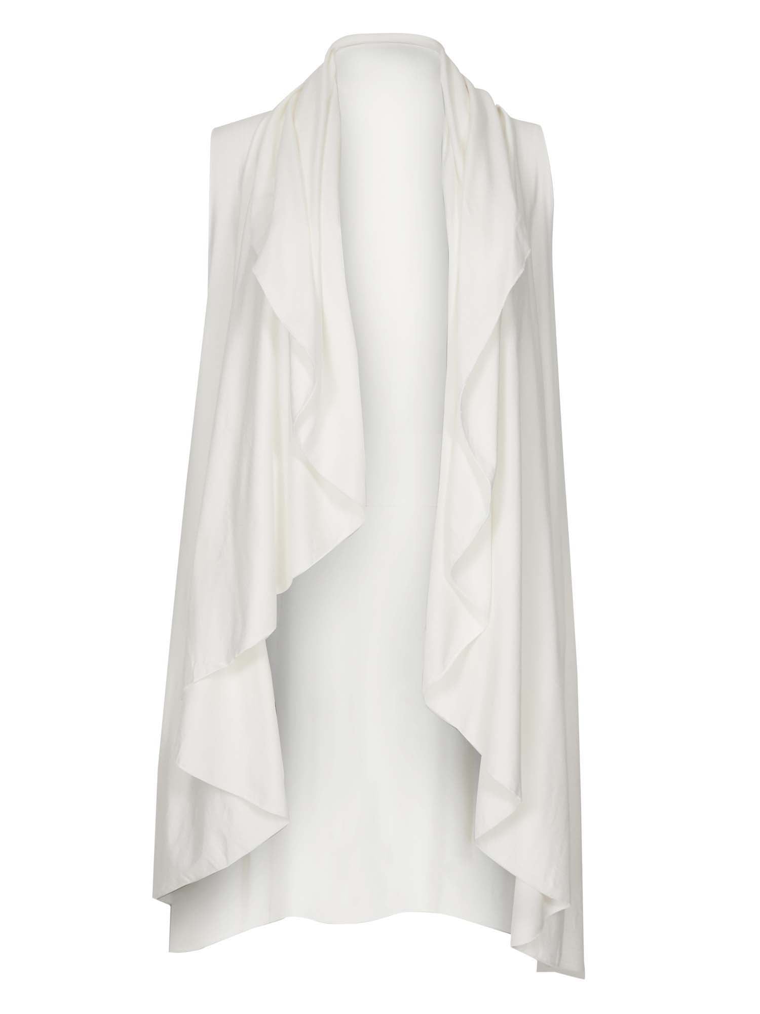 Model wearing a cream convertible style goddess wrap; long cardi, vest or poncho, women's bamboo clothing
