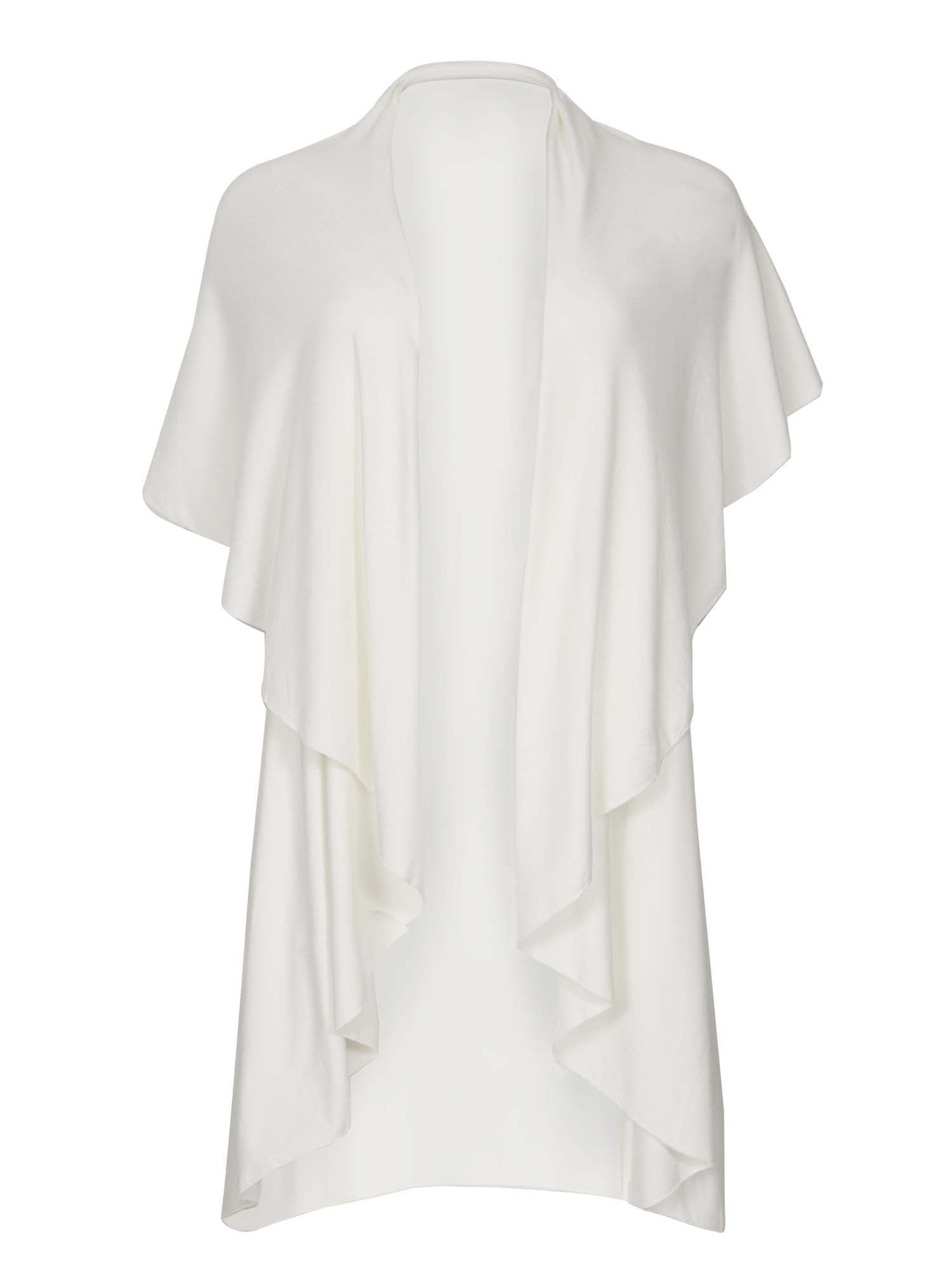Model wearing a cream convertible style goddess wrap; long cardi, vest or poncho, women's bamboo clothing