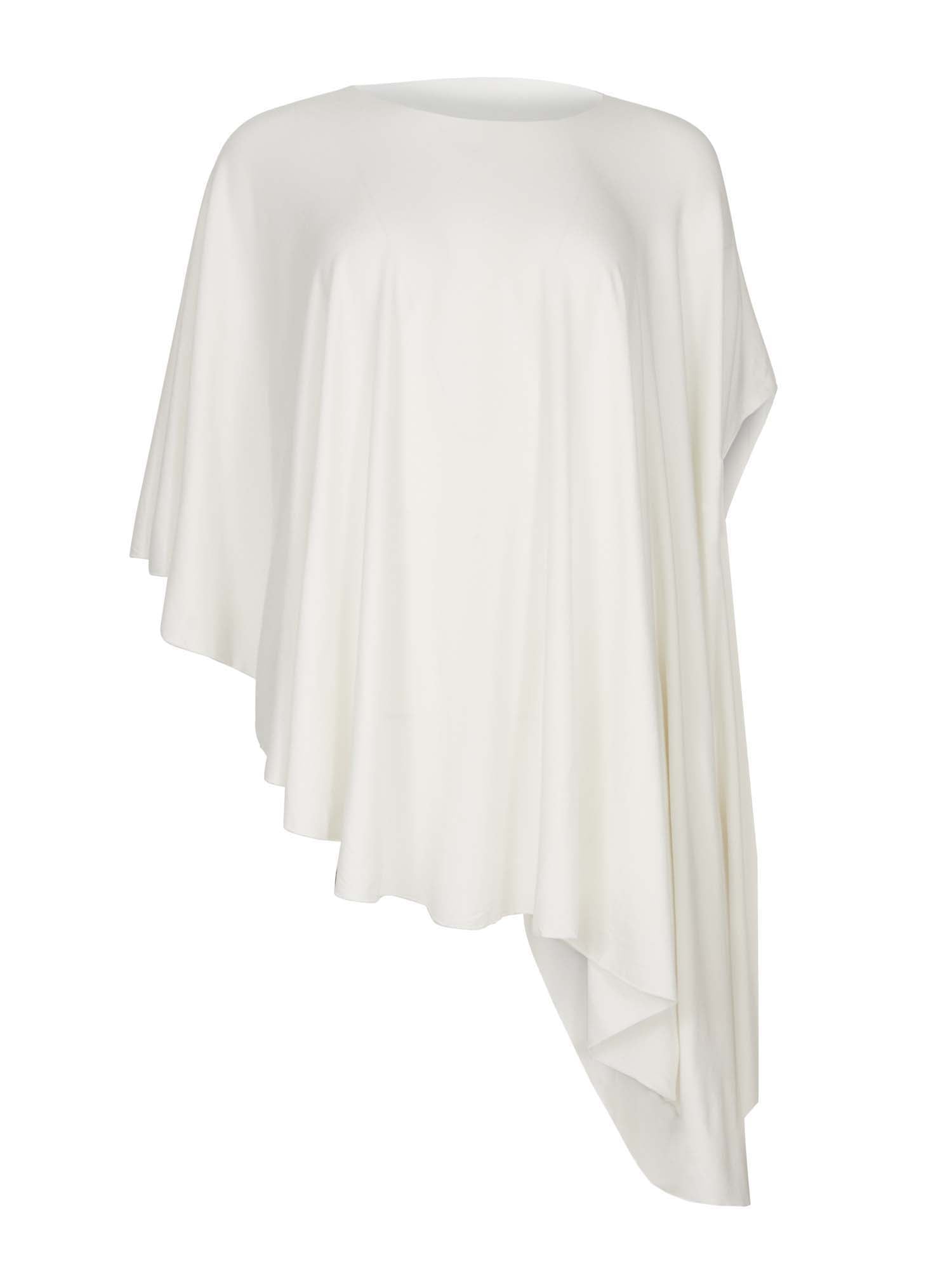 Model wearing a cream convertible style goddess wrap; long cardi, vest or poncho, women's bamboo clothing