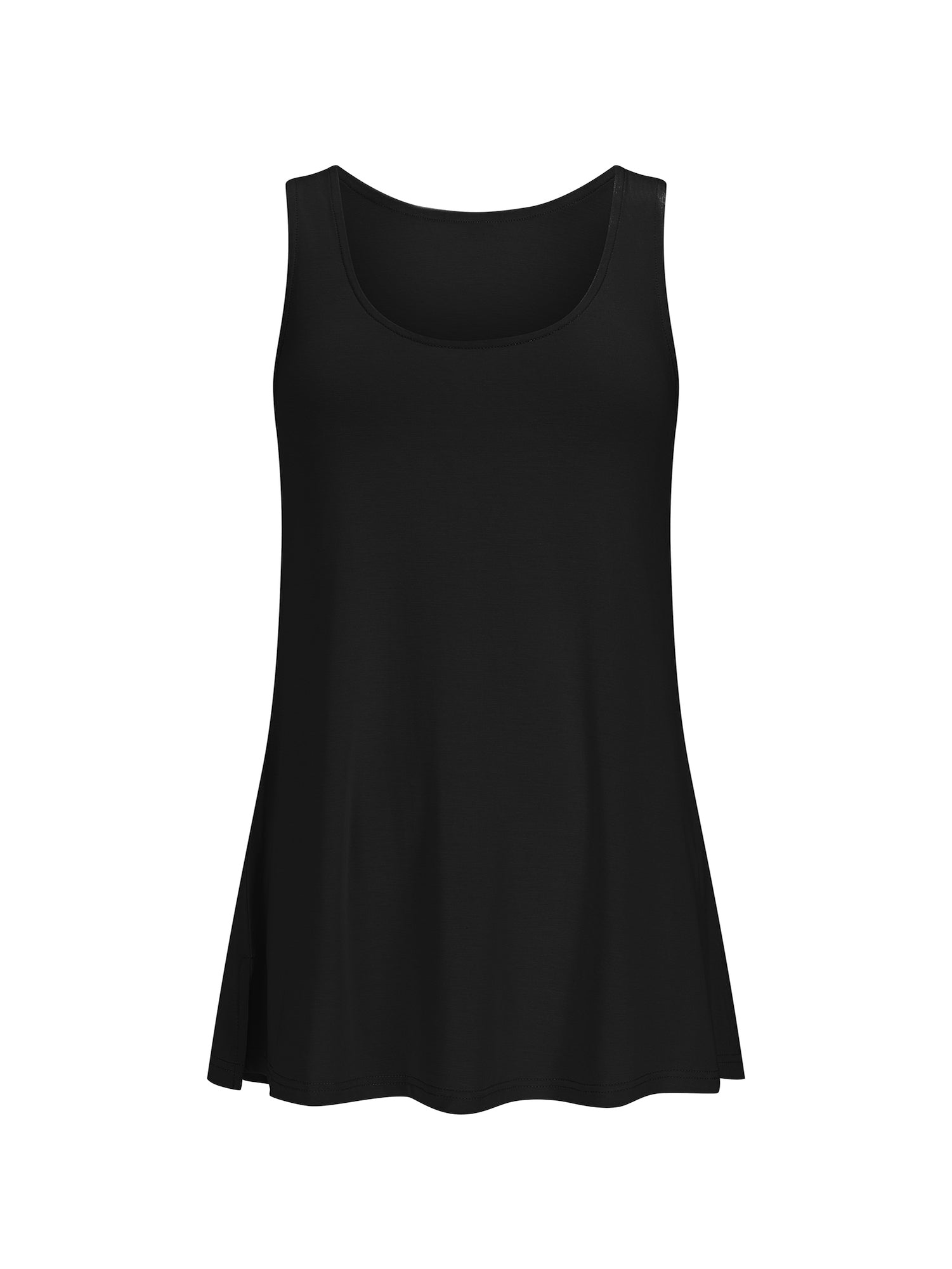 reversible black a-line singlet with scoop and boat necklines and long line body, women's bamboo clothing