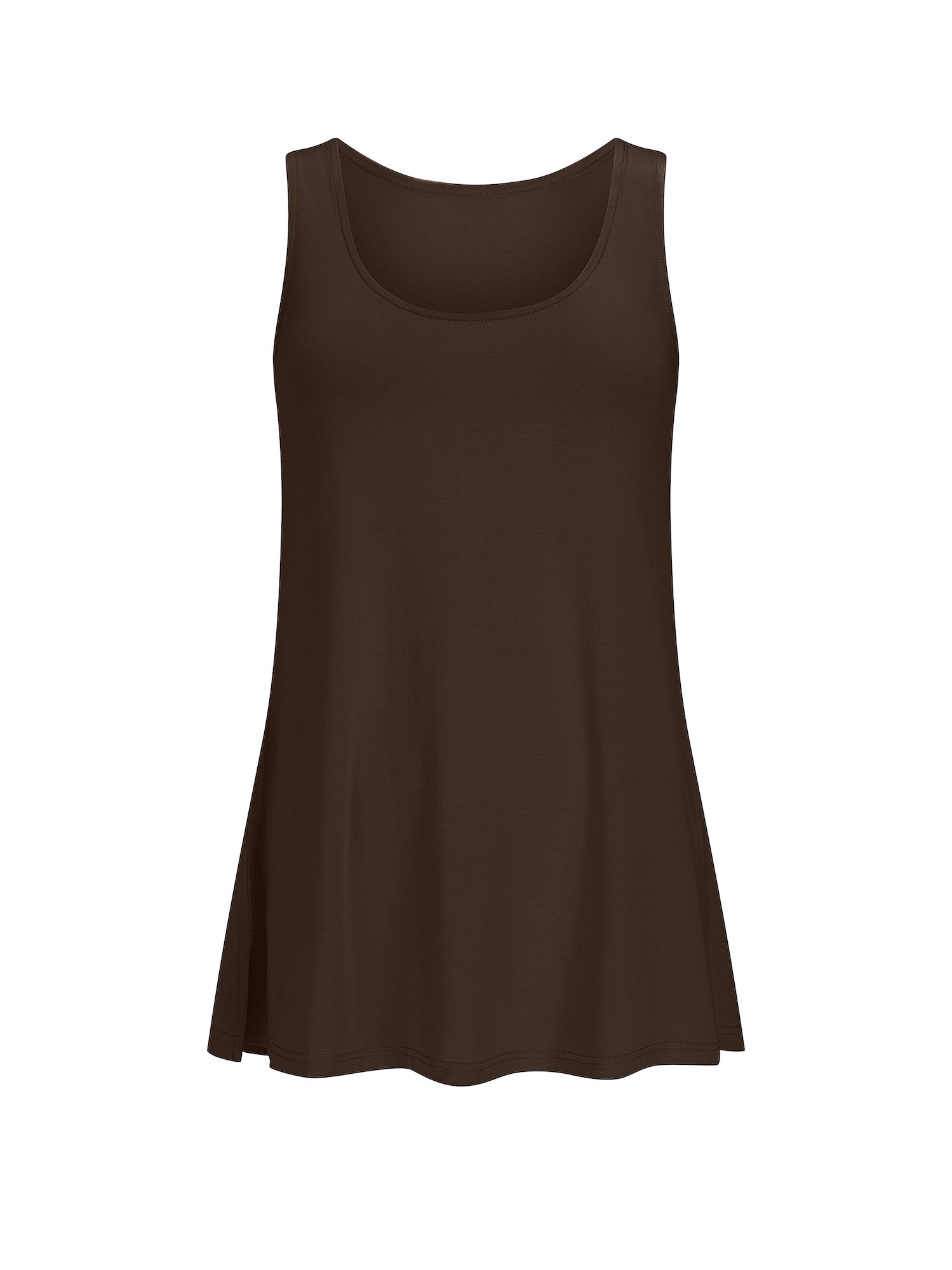 reversible cocoa brown a-line singlet with scoop and boat necklines and long line body, women's bamboo clothing
