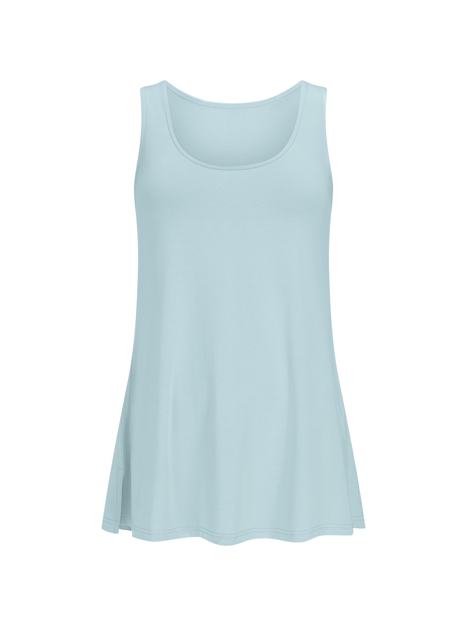 reversible light topaz blue a-line singlet with scoop and boat necklines and long line body, women's bamboo clothing