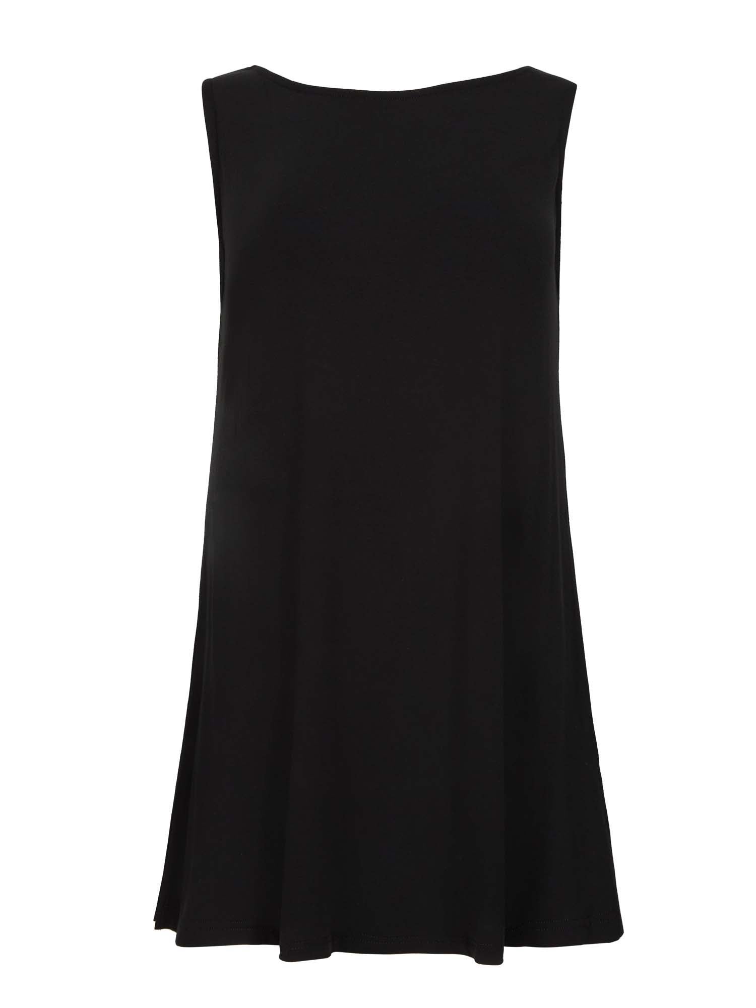 Model wearing a reversible black a-line singlet with scoop and boat necklines and long line body, women's bamboo clothing
