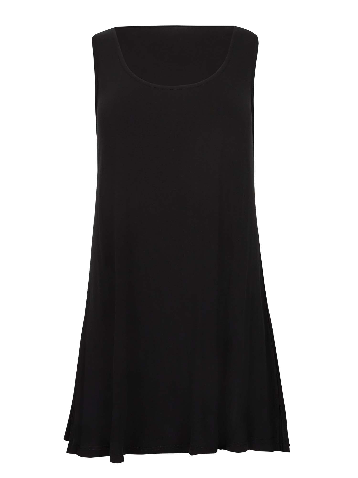 Model wearing a reversible black a-line singlet with scoop and boat necklines and long line body, women's bamboo clothing