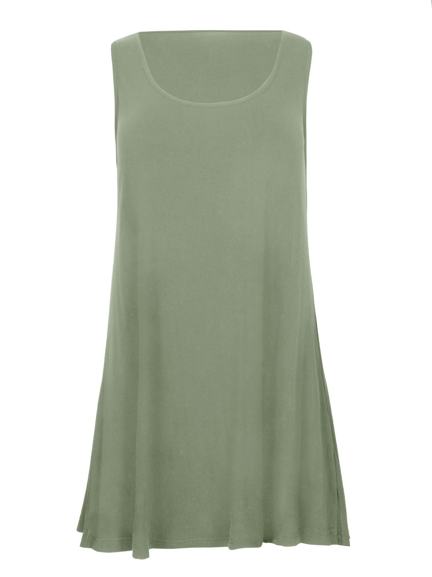 Model wearing a reversible eucalyptus green a-line singlet with scoop and boat necklines and long line body, women's bamboo clothing