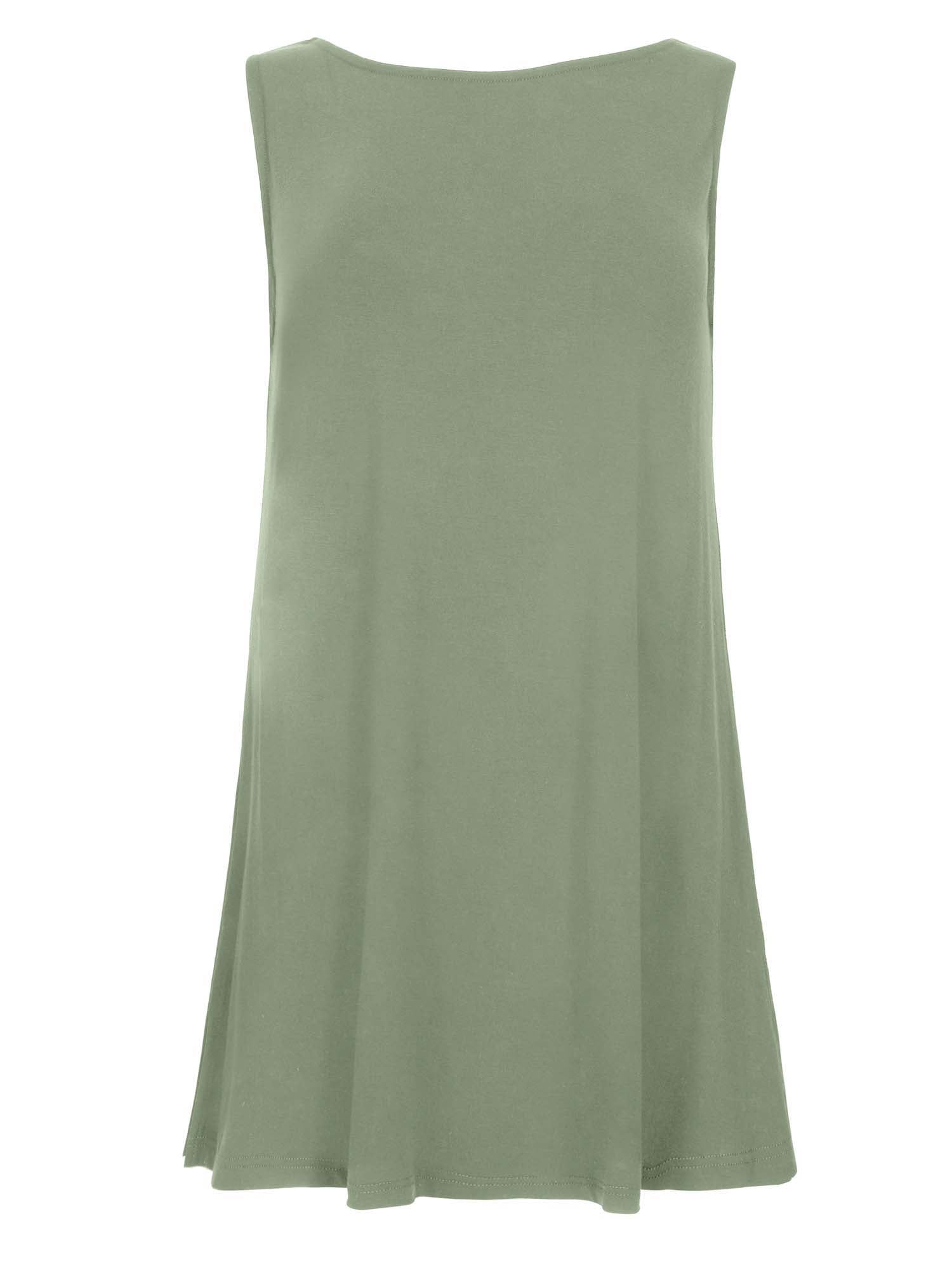 Model wearing a reversible eucalyptus green a-line singlet with scoop and boat necklines and long line body, women's bamboo clothing
