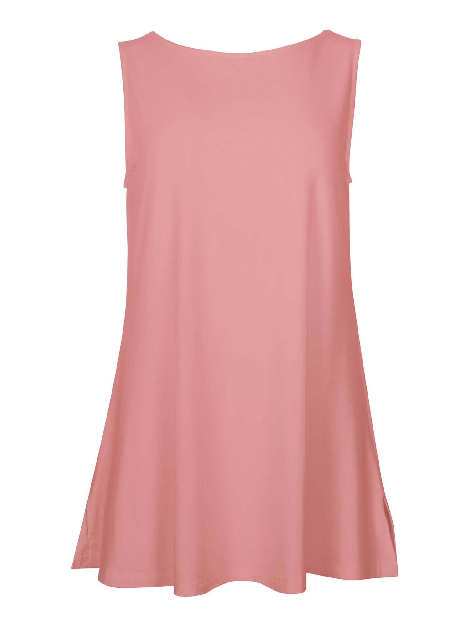 Model wearing a reversible dusty pink a-line singlet with scoop and boat necklines and long line body, women's bamboo clothing