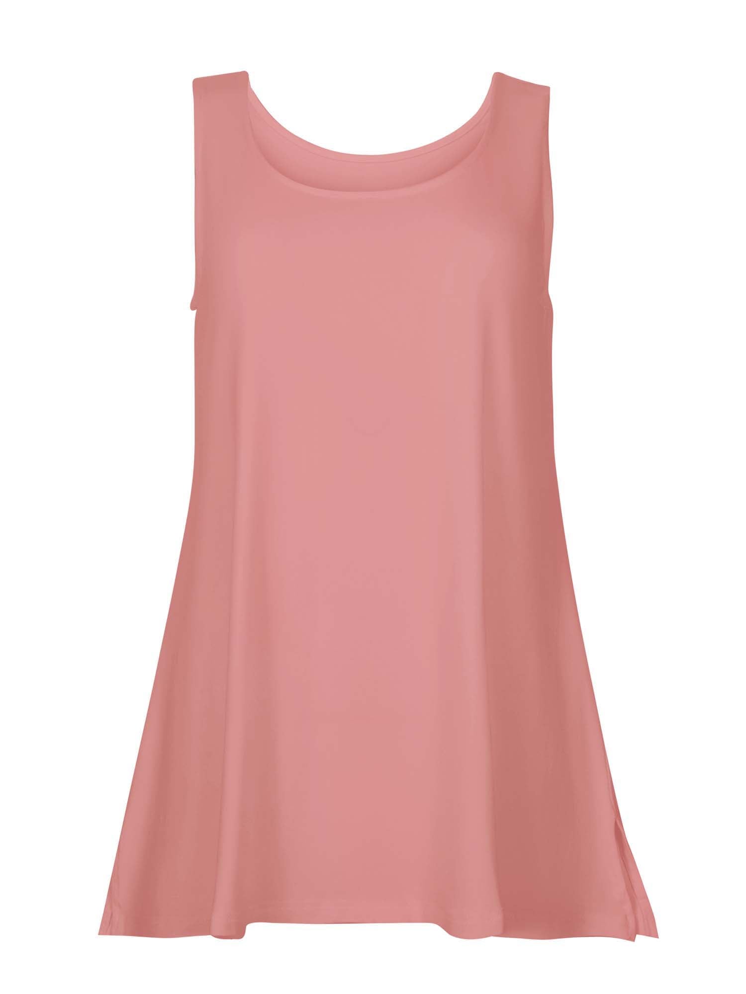 Model wearing a reversible dusty pink a-line singlet with scoop and boat necklines and long line body, women's bamboo clothing