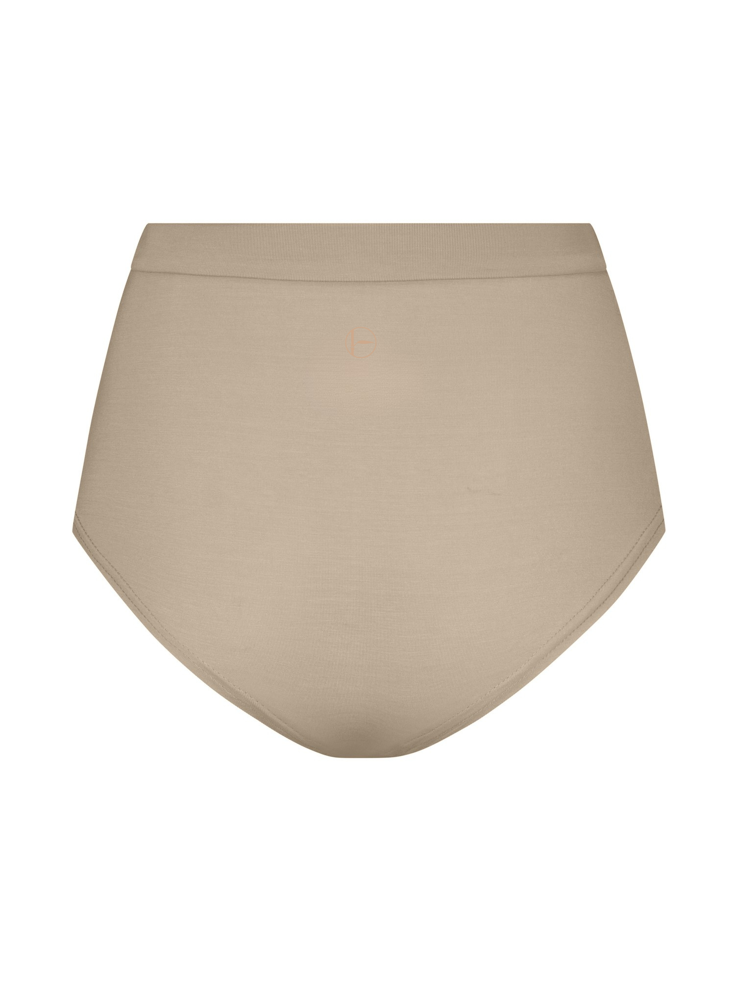 beige nude high waisted full brief with mid leg opening and double layered waistband, women's bamboo underwear