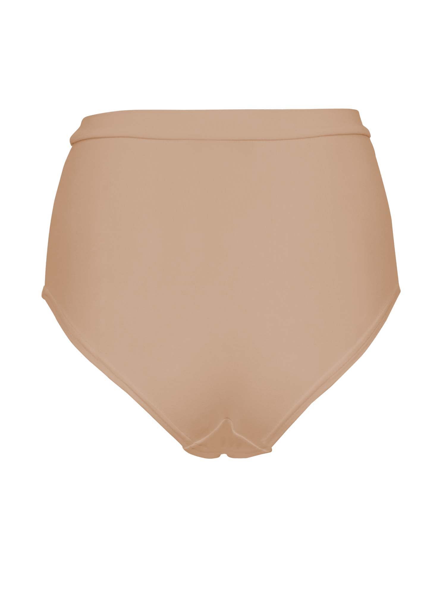 Model wearing caramel high waisted full brief with mid leg opening and double layered waistband, women's bamboo underwear