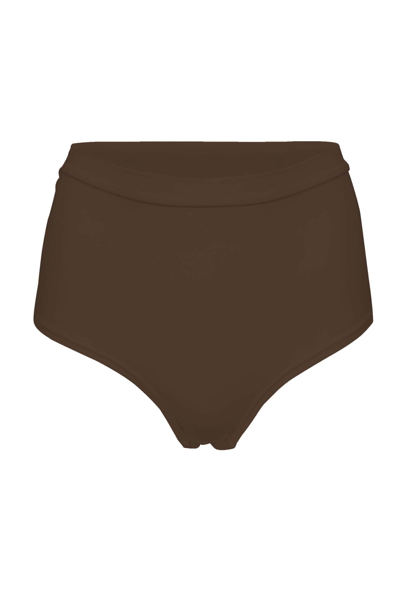 Model wearing cocoa brown high waisted full brief with mid leg opening and double layered waistband, women's bamboo underwear