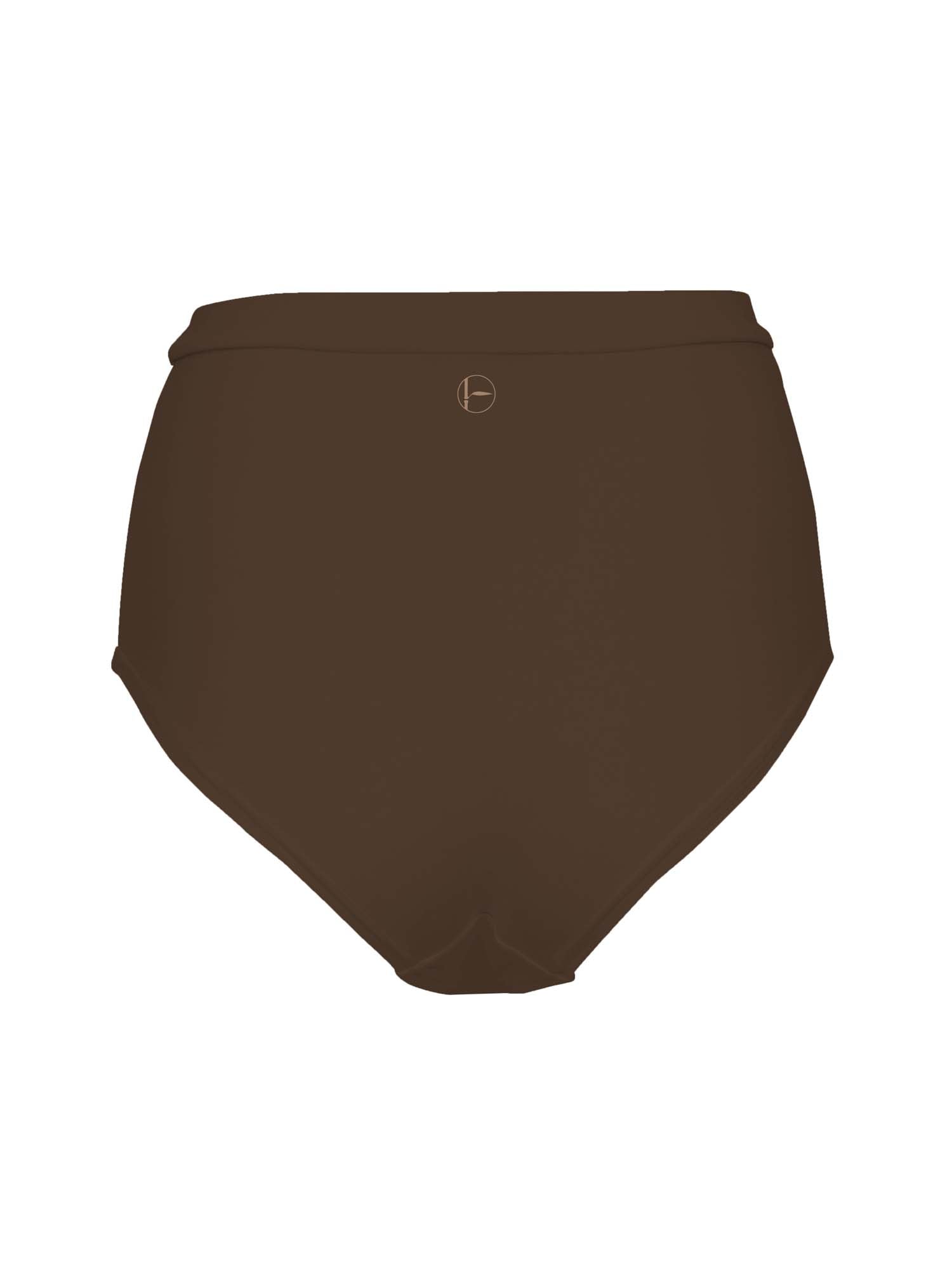 Model wearing cocoa brown high waisted full brief with mid leg opening and double layered waistband, women's bamboo underwear