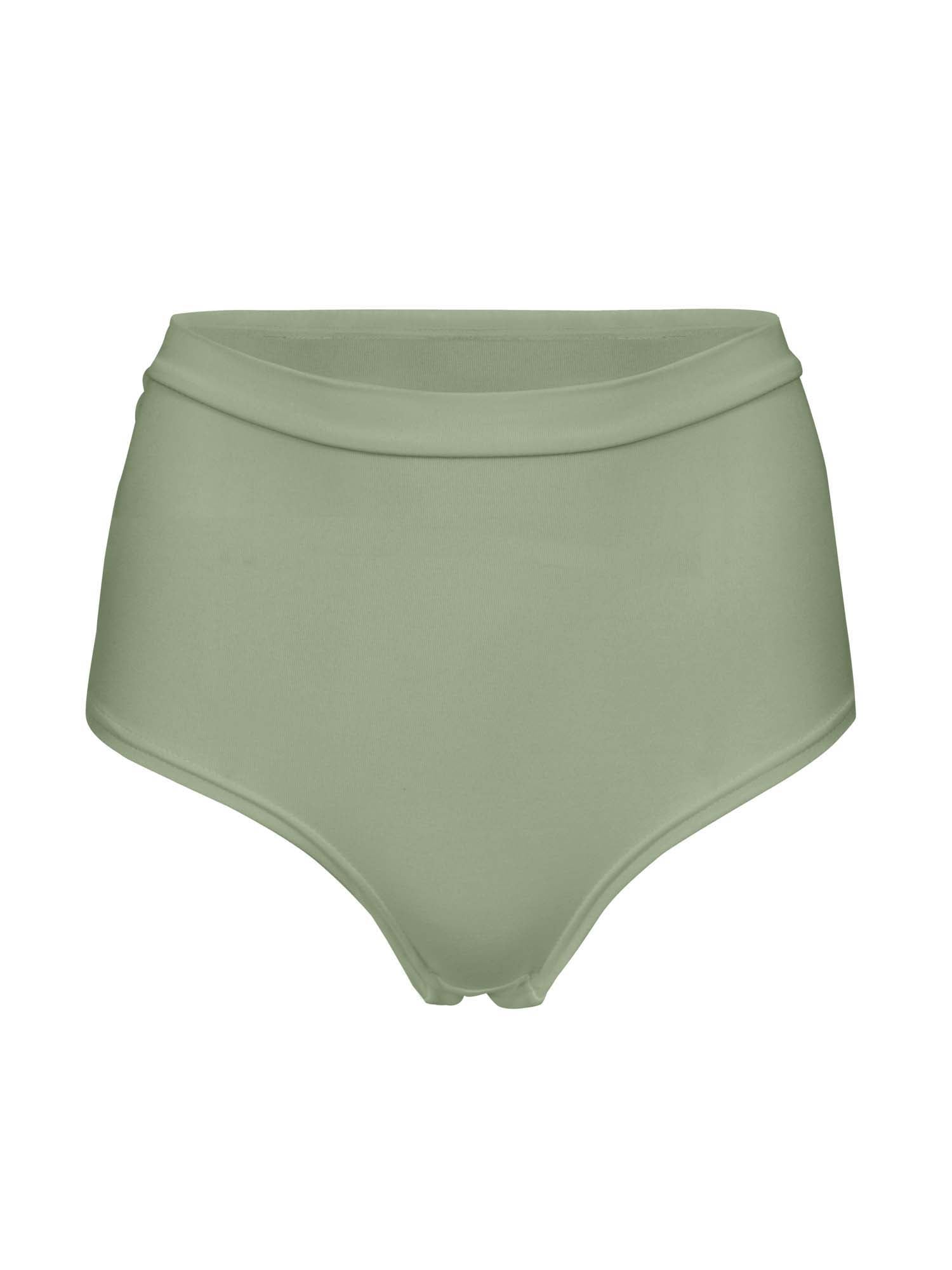 Model wearing eucalyptus green high waisted full brief with mid leg opening and double layered waistband, women's bamboo underwear
