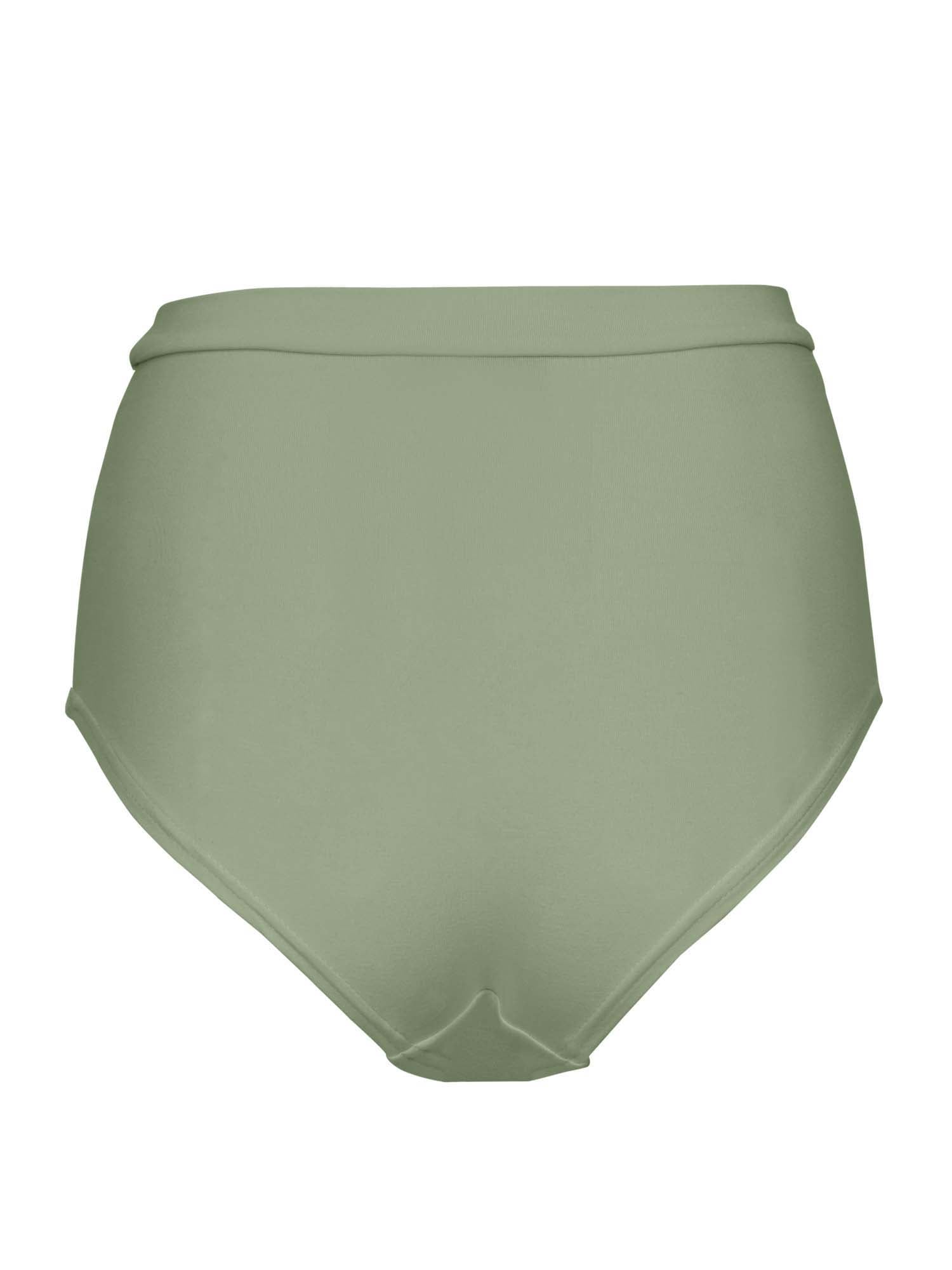 Model wearing eucalyptus green high waisted full brief with mid leg opening and double layered waistband, women's bamboo underwear